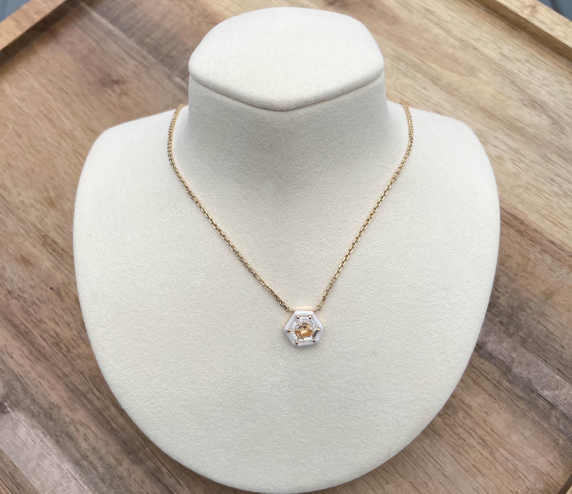 Hexagon Cut Jay Feder 14k Yellow Gold Diamond Enamel Hexagon Pendant Necklace For Sale