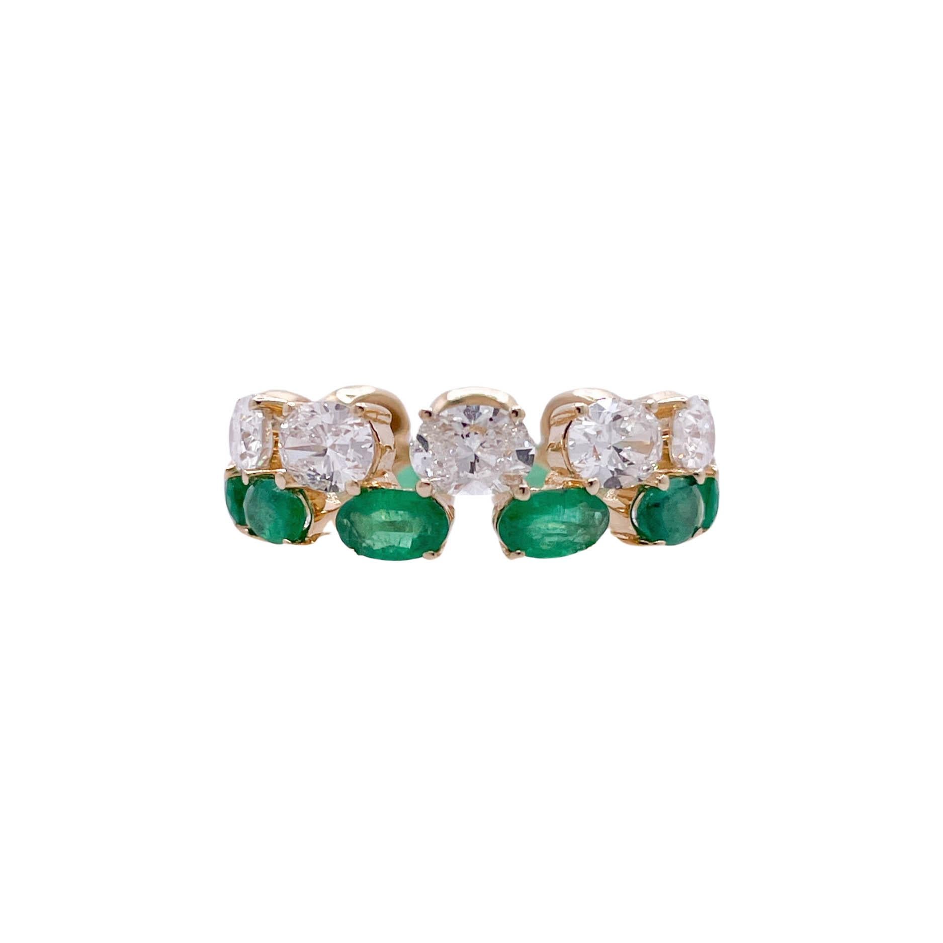 Oval Cut Jay Feder 14k Yellow Gold Emerald and Diamond Band Ring