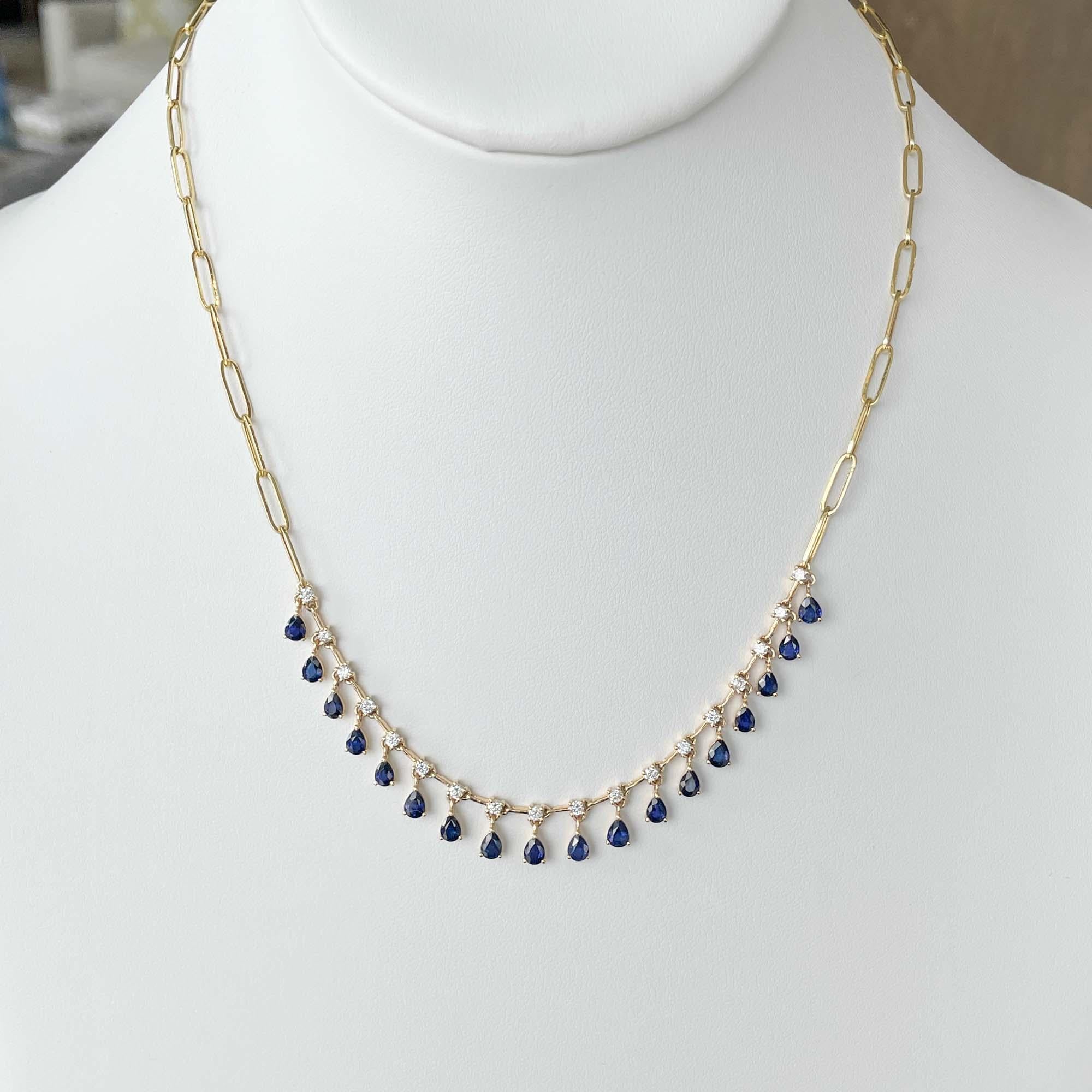 Jay Feder 14k Yellow Gold Sapphire and Diamond Hanging Station Paperclip Necklace

Set with 3.5 ct pear shaped blue sapphires and 0.70ct round diamonds.

The necklace is 17.5 inches long; the center part is 4 inches long. Total weight is 7.5