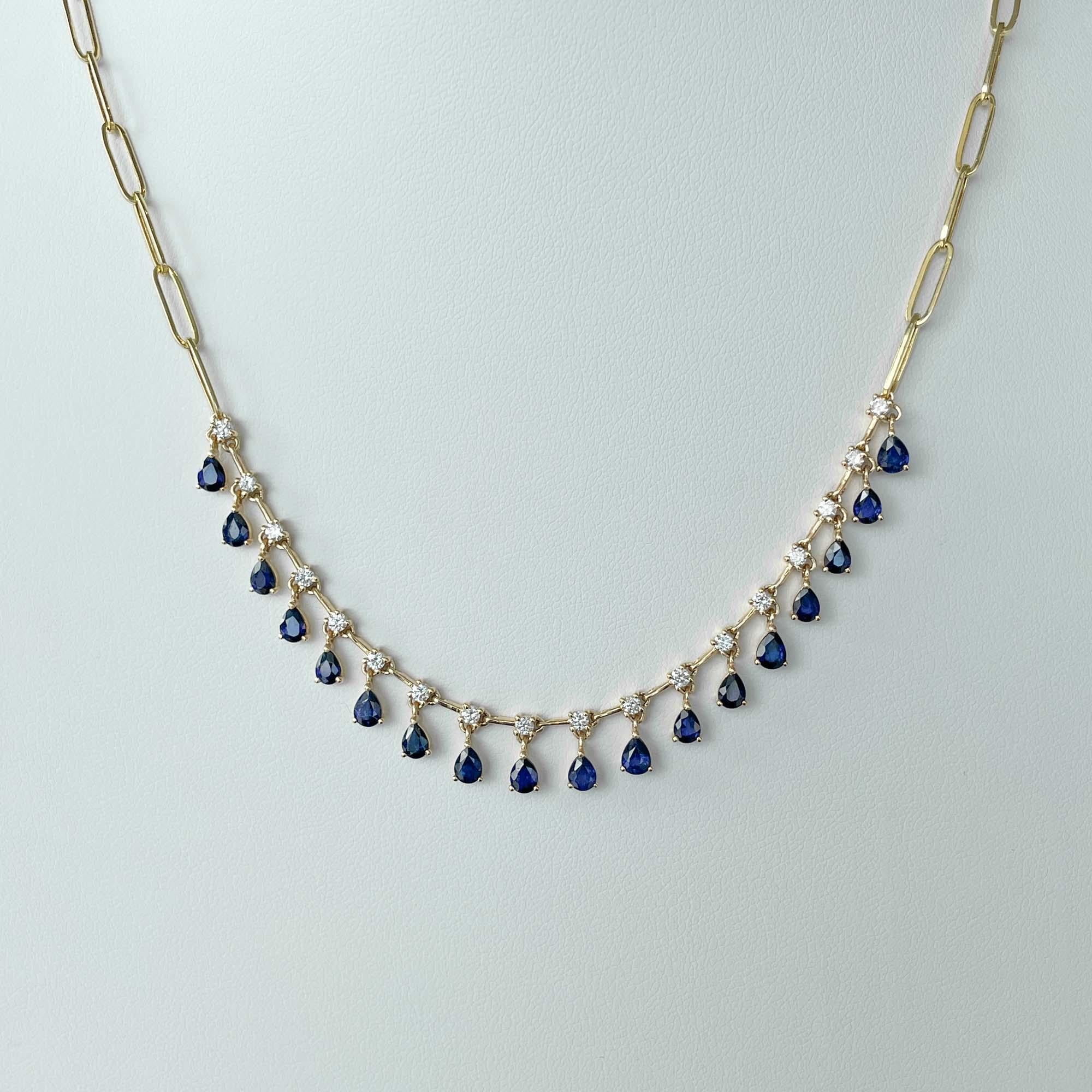Jay Feder 14k Yellow Gold Sapphire and Diamond Hanging Station Paperclip Necklac In Good Condition For Sale In Boca Raton, FL