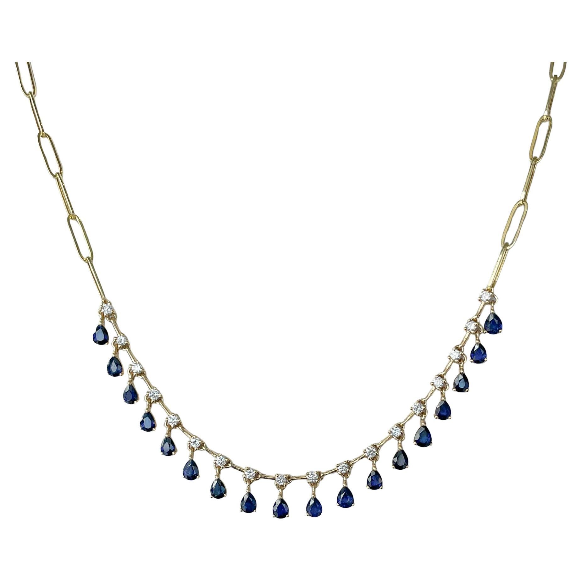 Jay Feder 14k Yellow Gold Sapphire and Diamond Hanging Station Paperclip Necklac For Sale