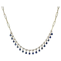 Jay Feder 14k Yellow Gold Sapphire and Diamond Hanging Station Paperclip Necklac