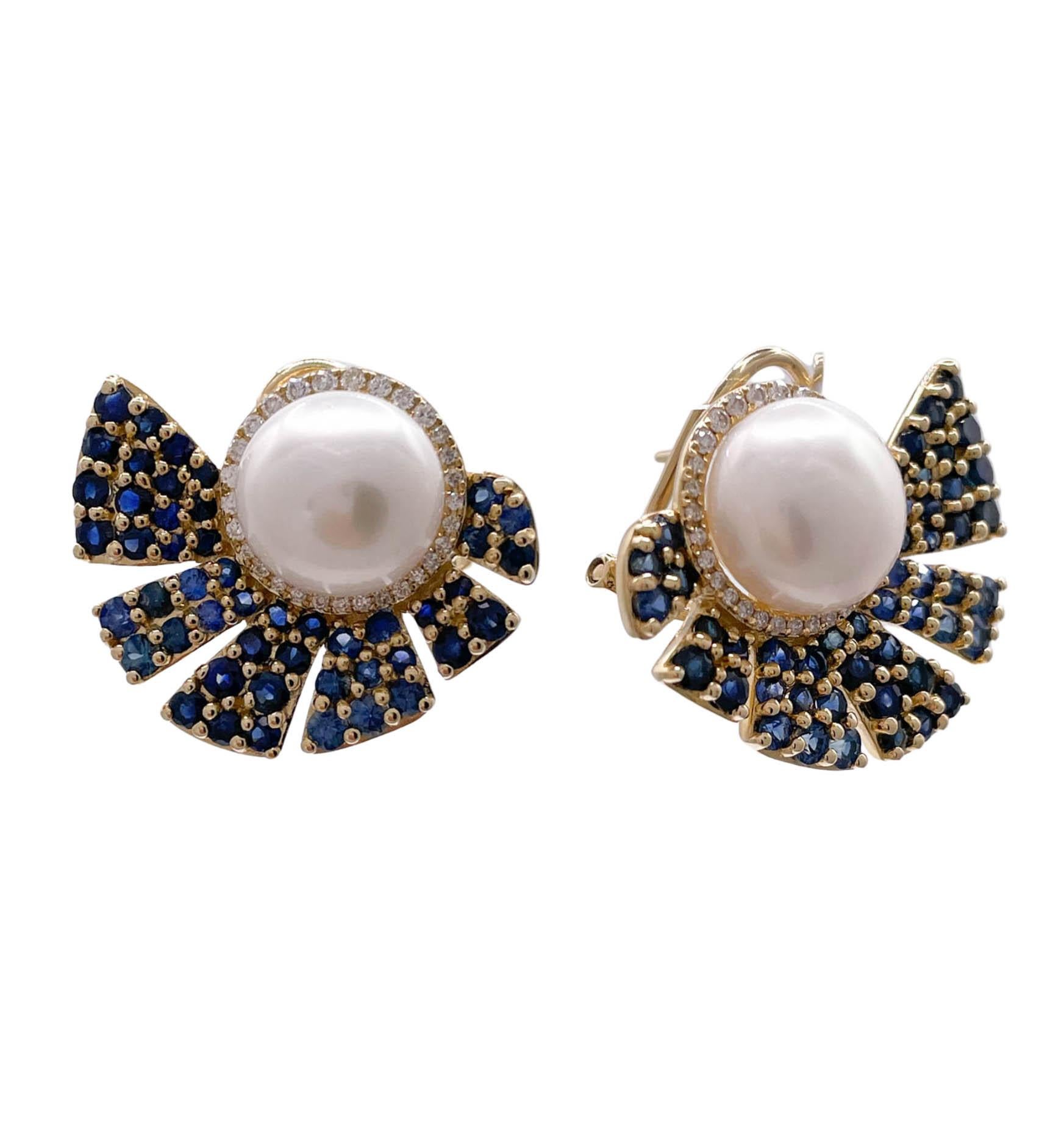 Perle Jay Feder, boucles d'oreilles en or jaune 14 carats, saphir, diamant et perle en vente