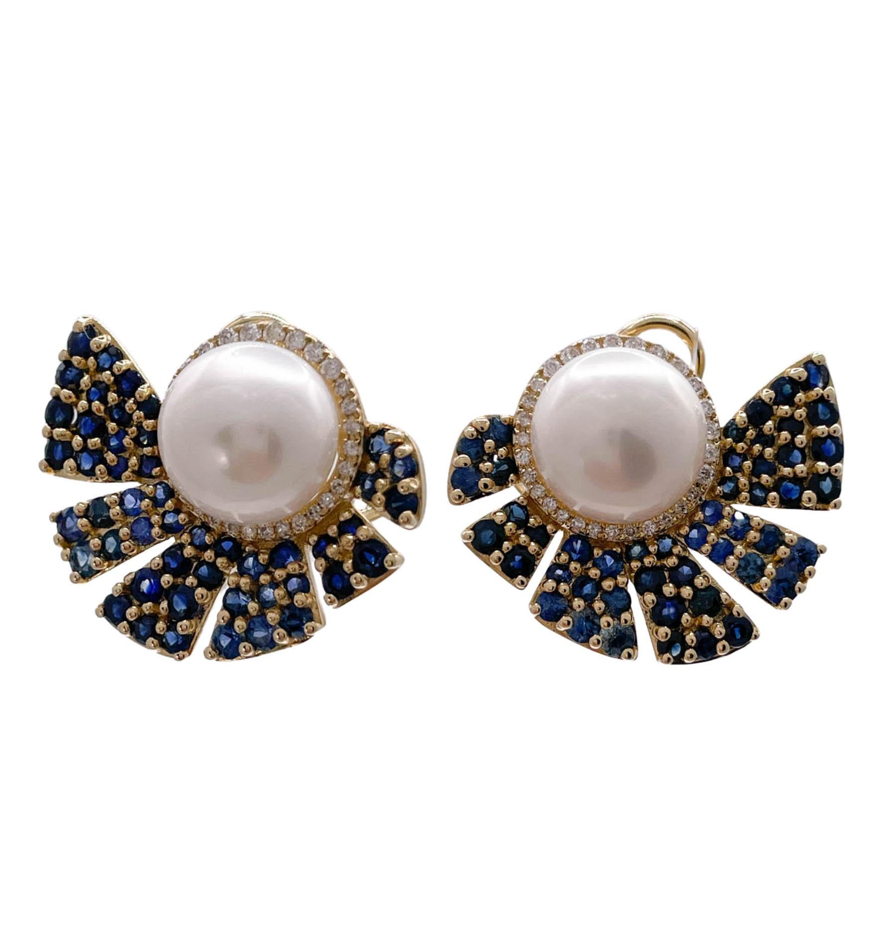 Jay Feder 14k Gelbgold Saphir-Diamant- und Perlen-Ohrringe für Damen oder Herren im Angebot