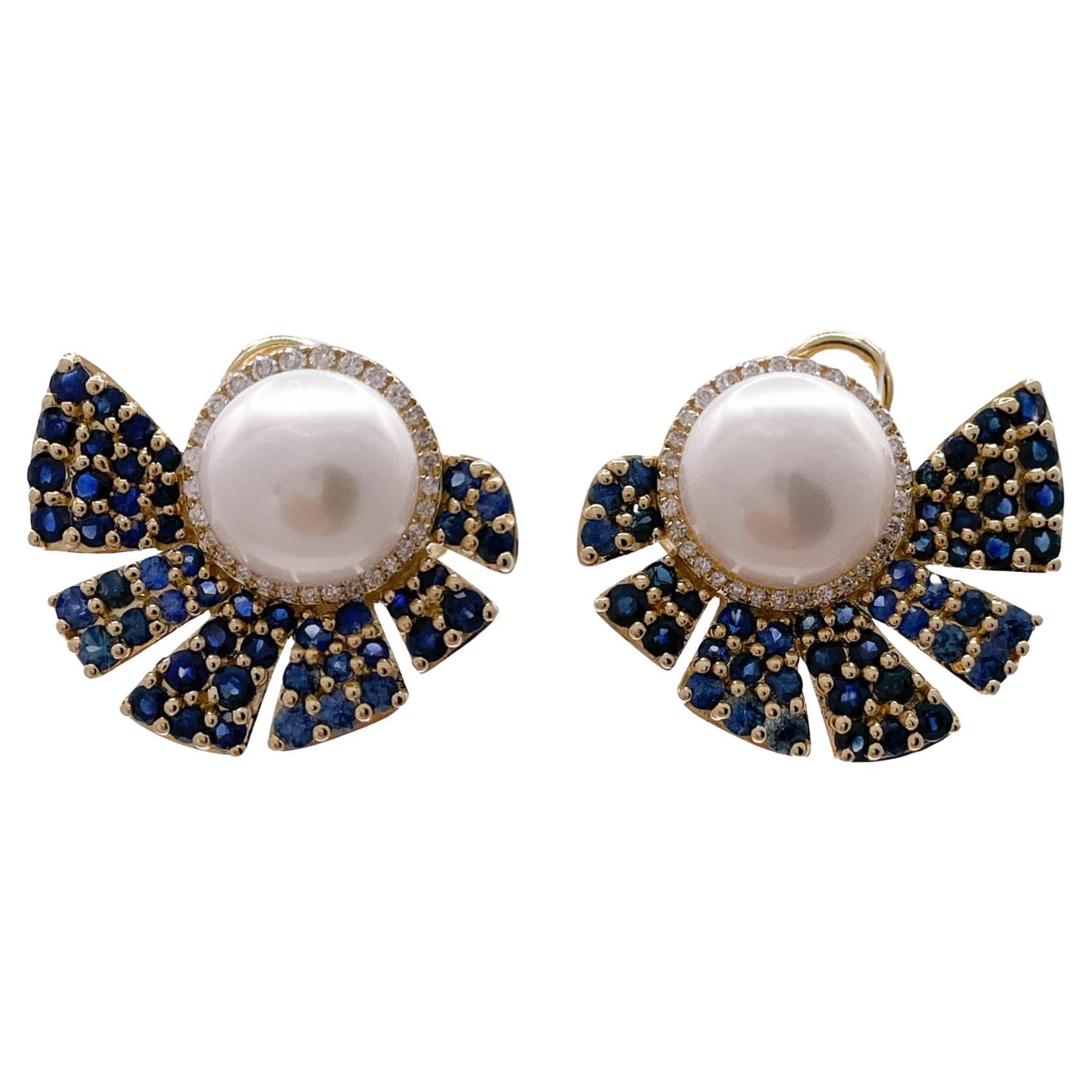 Jay Feder 14k Yellow Gold Sapphire Diamond and Pearl Earrings For Sale