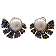 Jay Feder 14k Yellow Gold Sapphire Diamond and Pearl Earrings