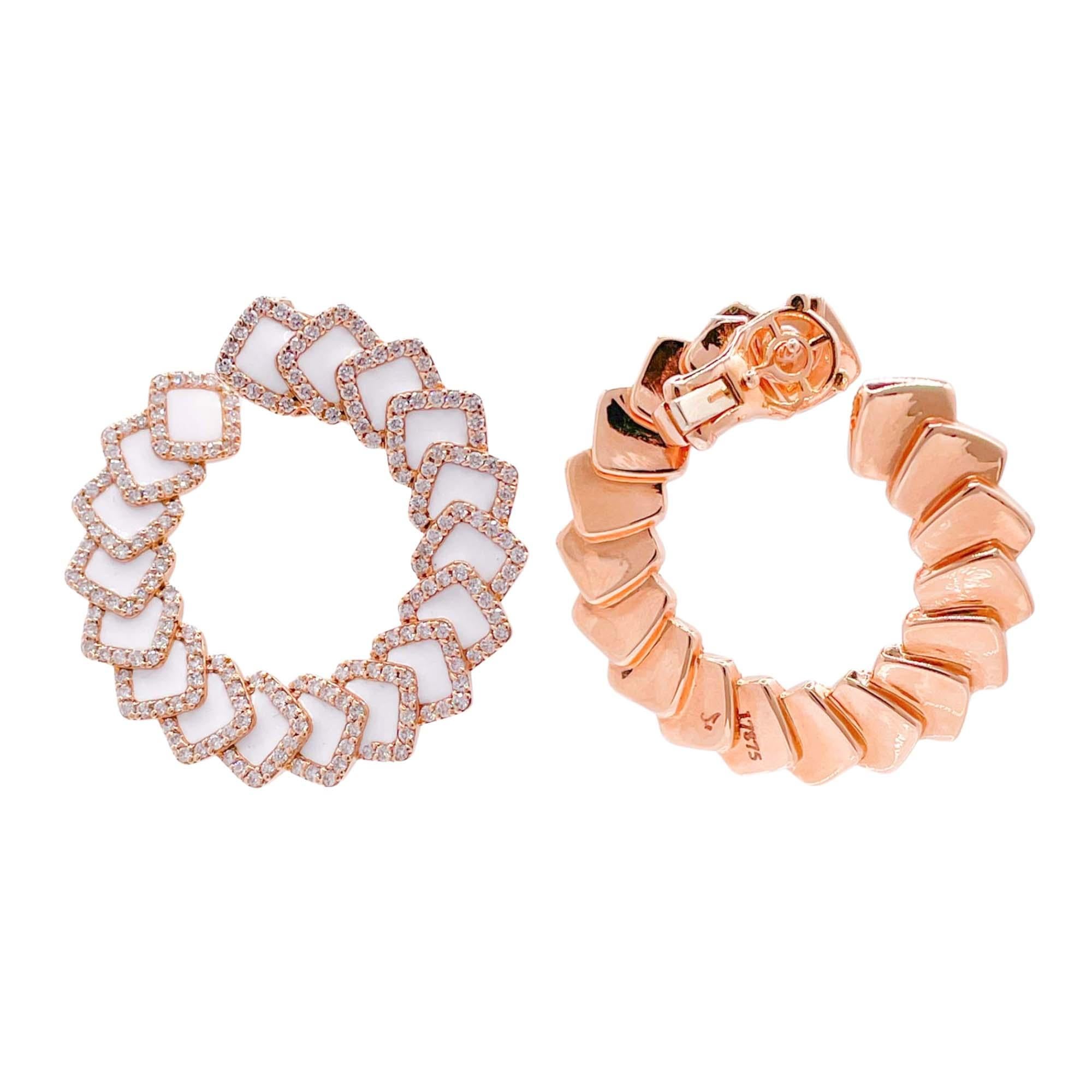 Orecchini a forma di C con smalto e diamanti in oro rosa 18k Jay Federing In condizioni buone in vendita a Boca Raton, FL