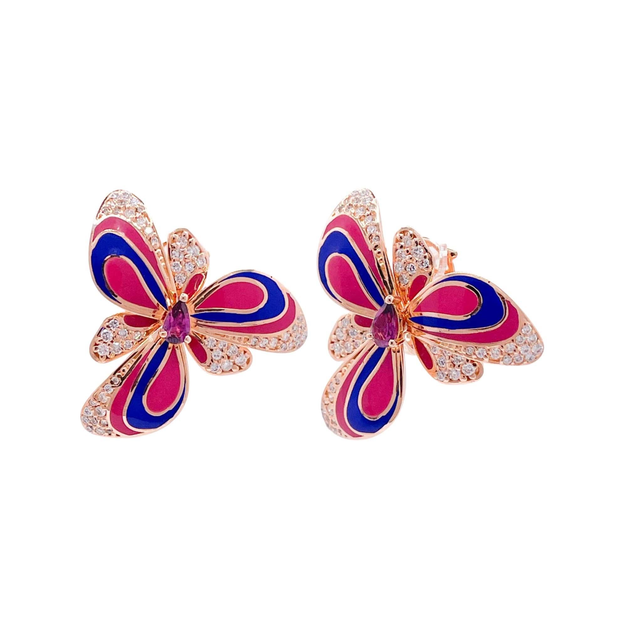 Taglio rotondo Orecchini a fiore con smalto e diamanti in oro rosa 18k Jay Federing in vendita