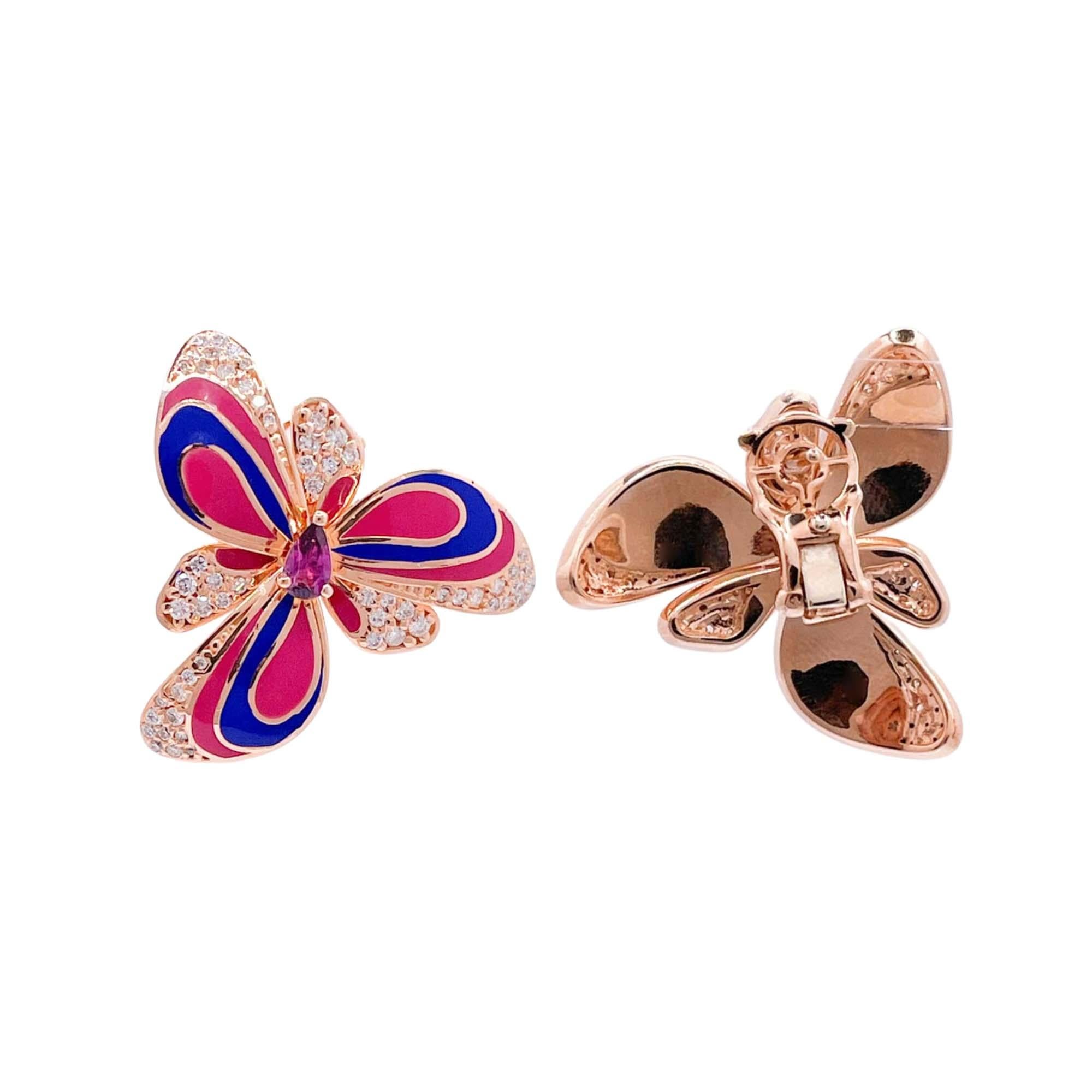 Orecchini a fiore con smalto e diamanti in oro rosa 18k Jay Federing In condizioni buone in vendita a Boca Raton, FL