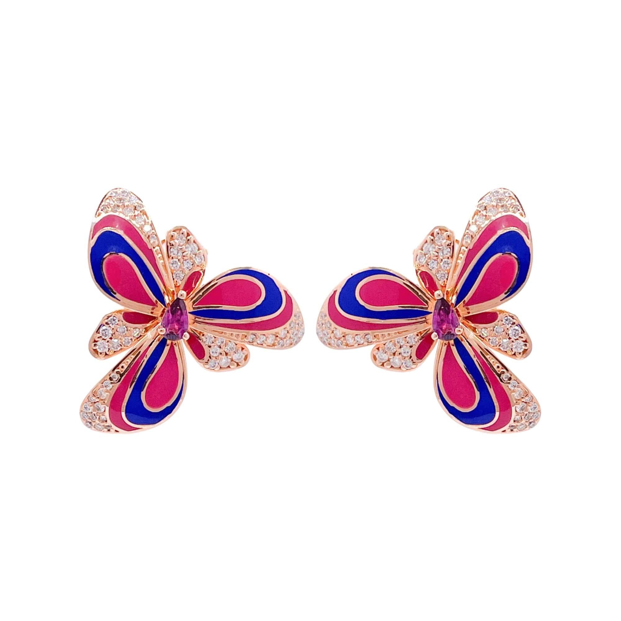 Jay Feder 18k Rose Gold Diamond Enamel Flower Earrings