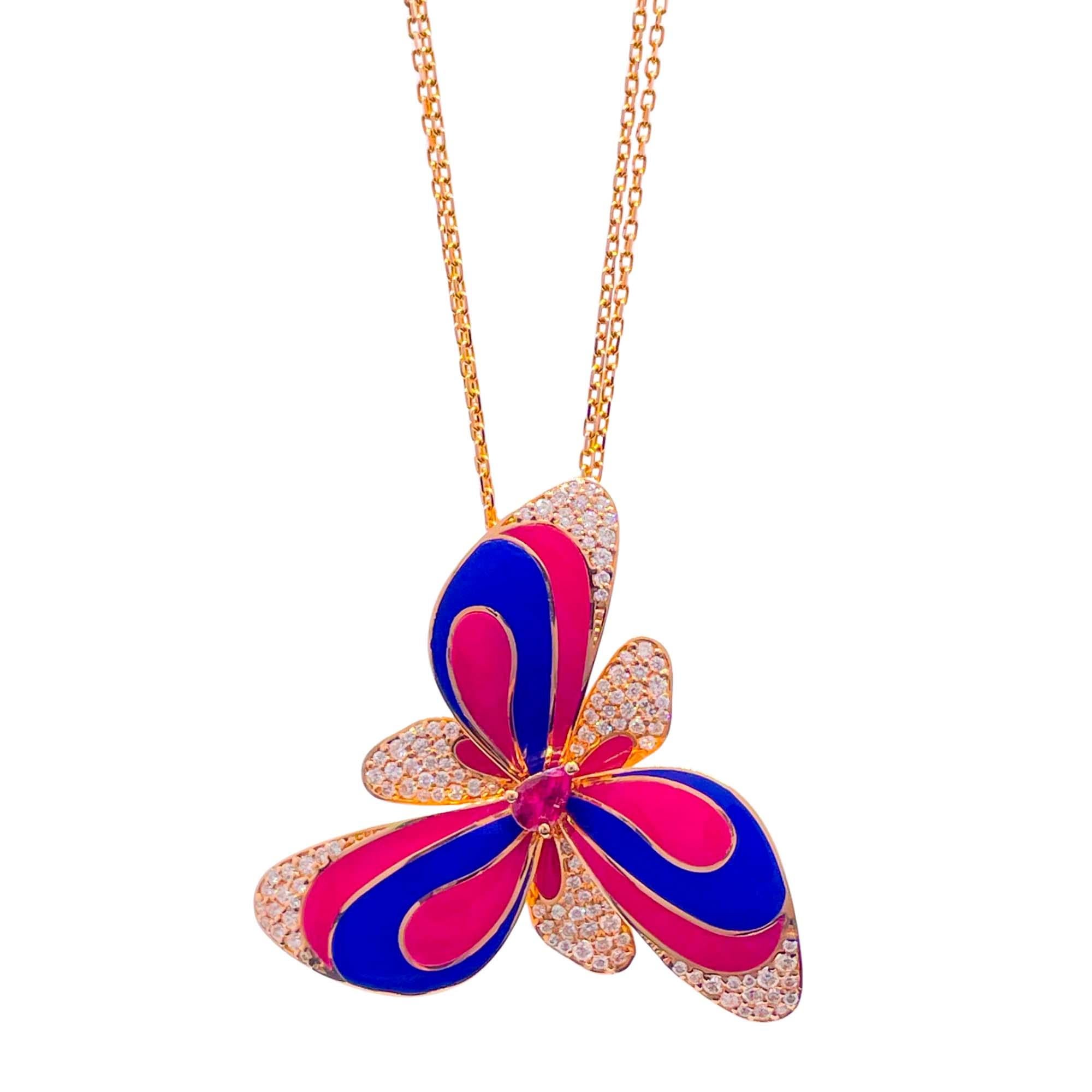Jay Feder 18k Rose Gold Diamond Enamel Flower Pendant Necklace

Set with small round diamonds; total carat weight is 1.26ct.

The pendant's measurements are 43x45mm; the necklace is 25 inches long. Total weight is 21.4 grams.

Please view our photos