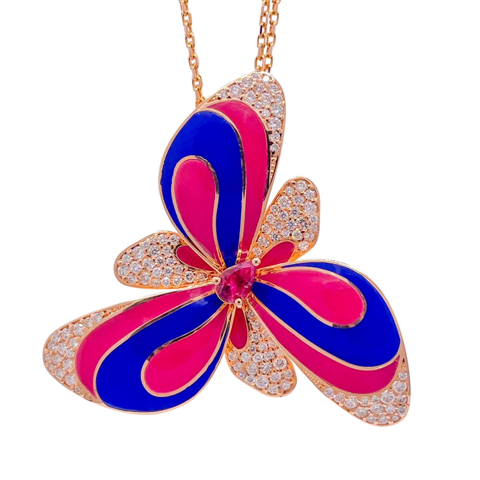 Jay Feder 18k Rose Gold Diamond Enamel Flower Pendant Necklace In Good Condition For Sale In Boca Raton, FL