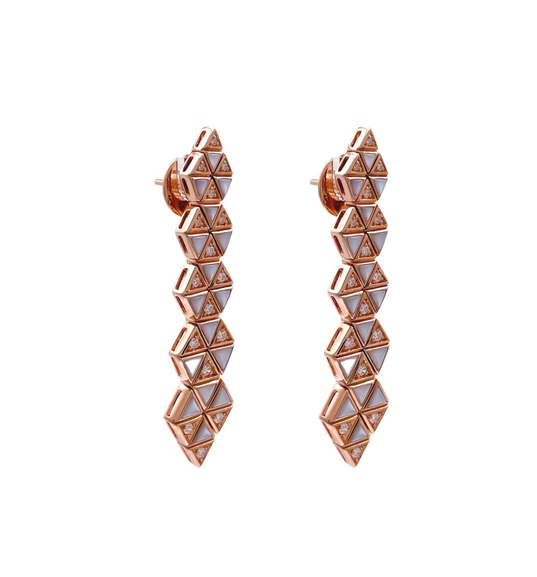 Trillion Cut Sofragem 18k Rose Gold Moonstone Diamond Triangular Drop Earrings  For Sale