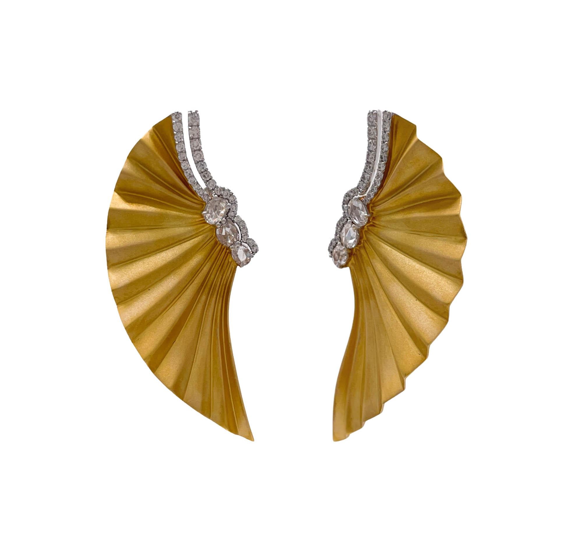 Mixed Cut Jay Feder 18k Two Tone Gold Diamond Fan Earrings For Sale