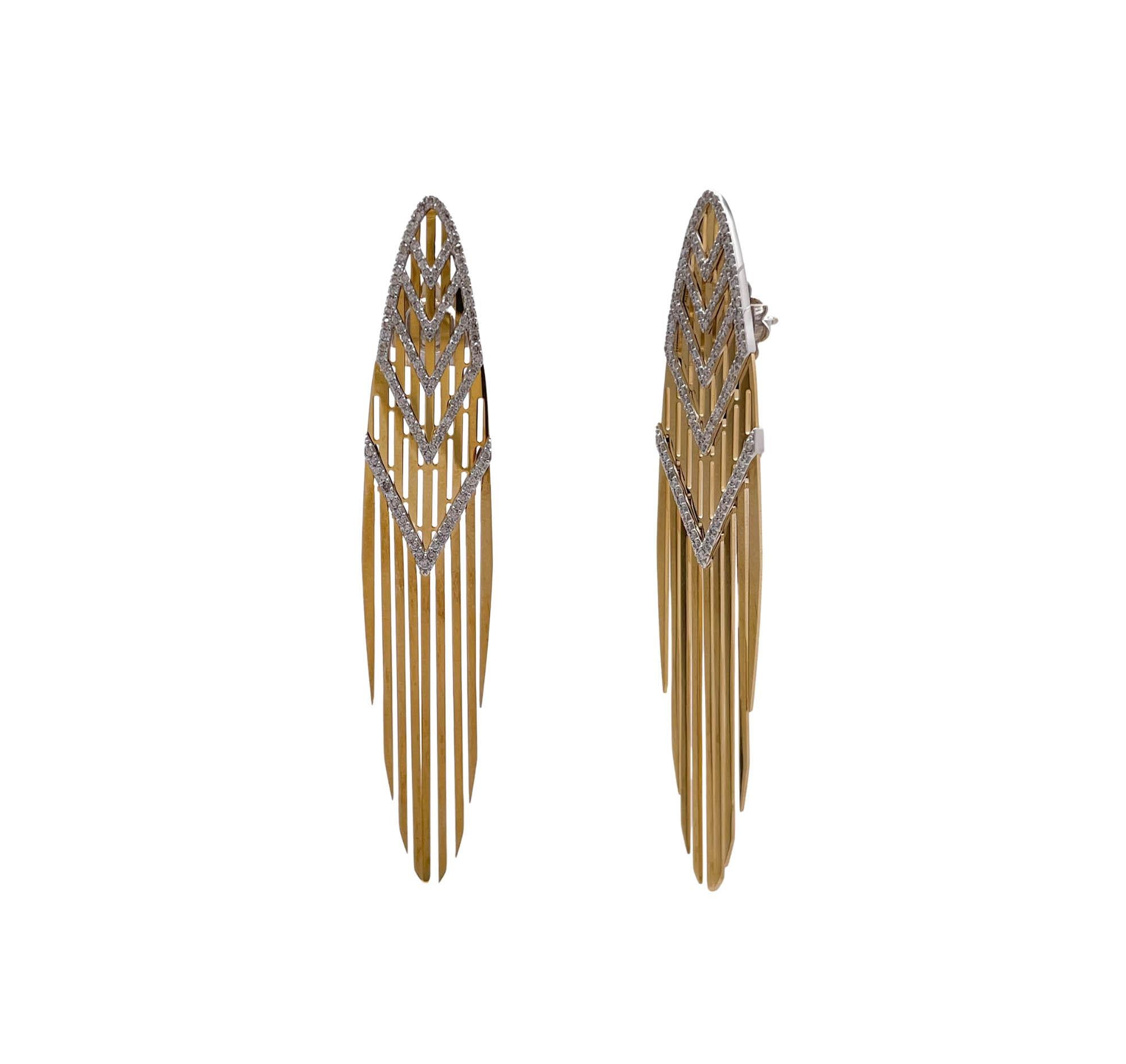 Round Cut Jay Feder 18k Two Tone Gold Diamond Samba Fringe Drop Dangle Earrings For Sale