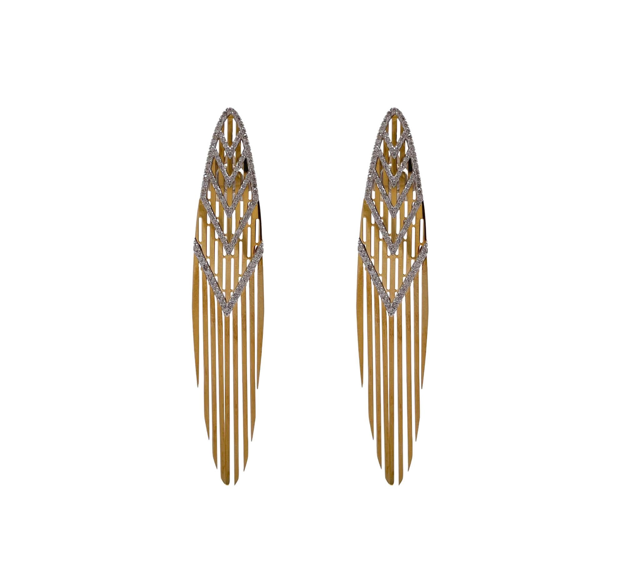 Jay Feder 18k Two Tone Gold Diamond Samba Fringe Drop Dangle Earrings In Good Condition For Sale In Boca Raton, FL