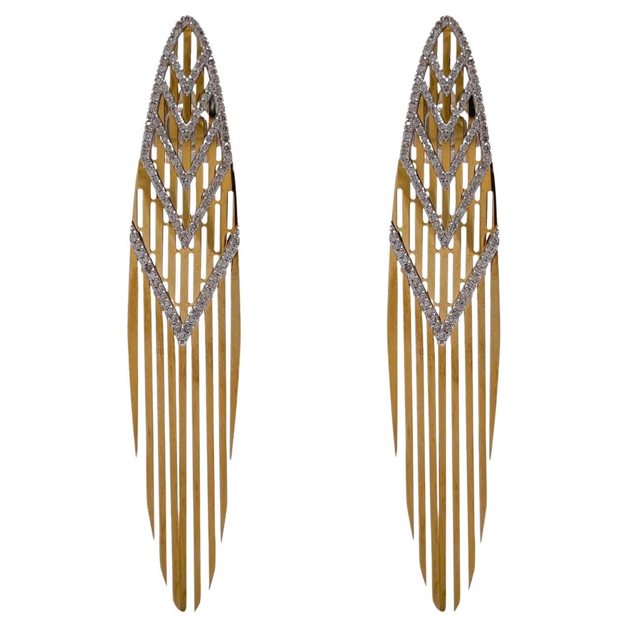 Jay Feder 18k Two Tone Gold Diamond Samba Fringe Drop Dangle Earrings For Sale