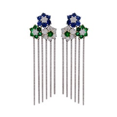Jay Feder 18k Two Tone Gold Diamond Sapphire Emerald Flower Fringe Dangle Earrin