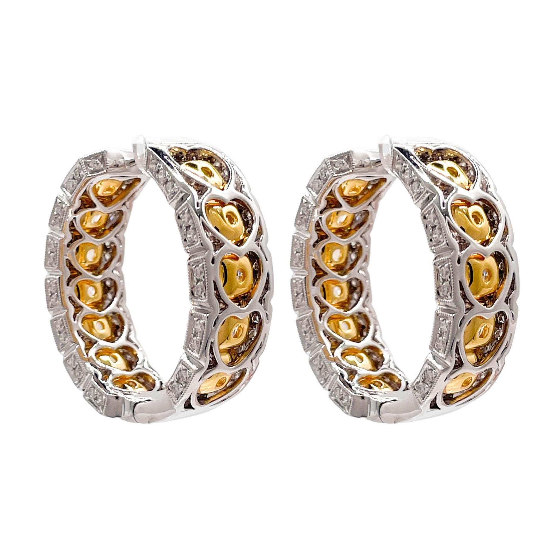 Jay Feder 18k Two Tone Gold Fancy Diamond Hoop Earrings In Good Condition For Sale In Boca Raton, FL