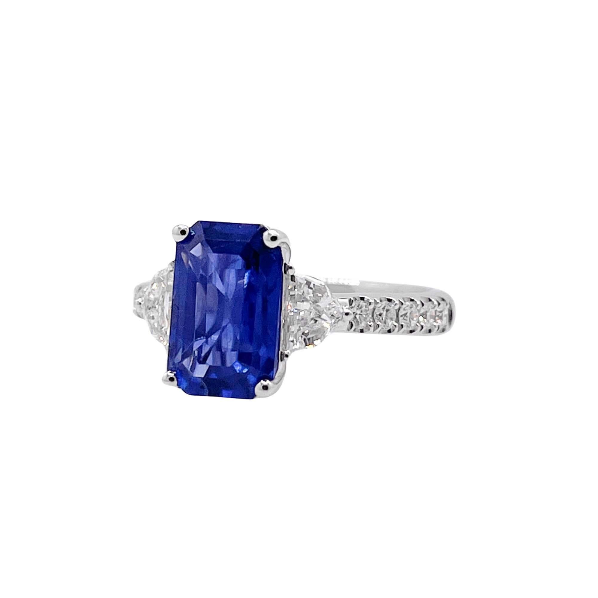 Emerald Cut Jay Feder 18k White Gold Blue Sapphire and Diamond Three Stone Ring