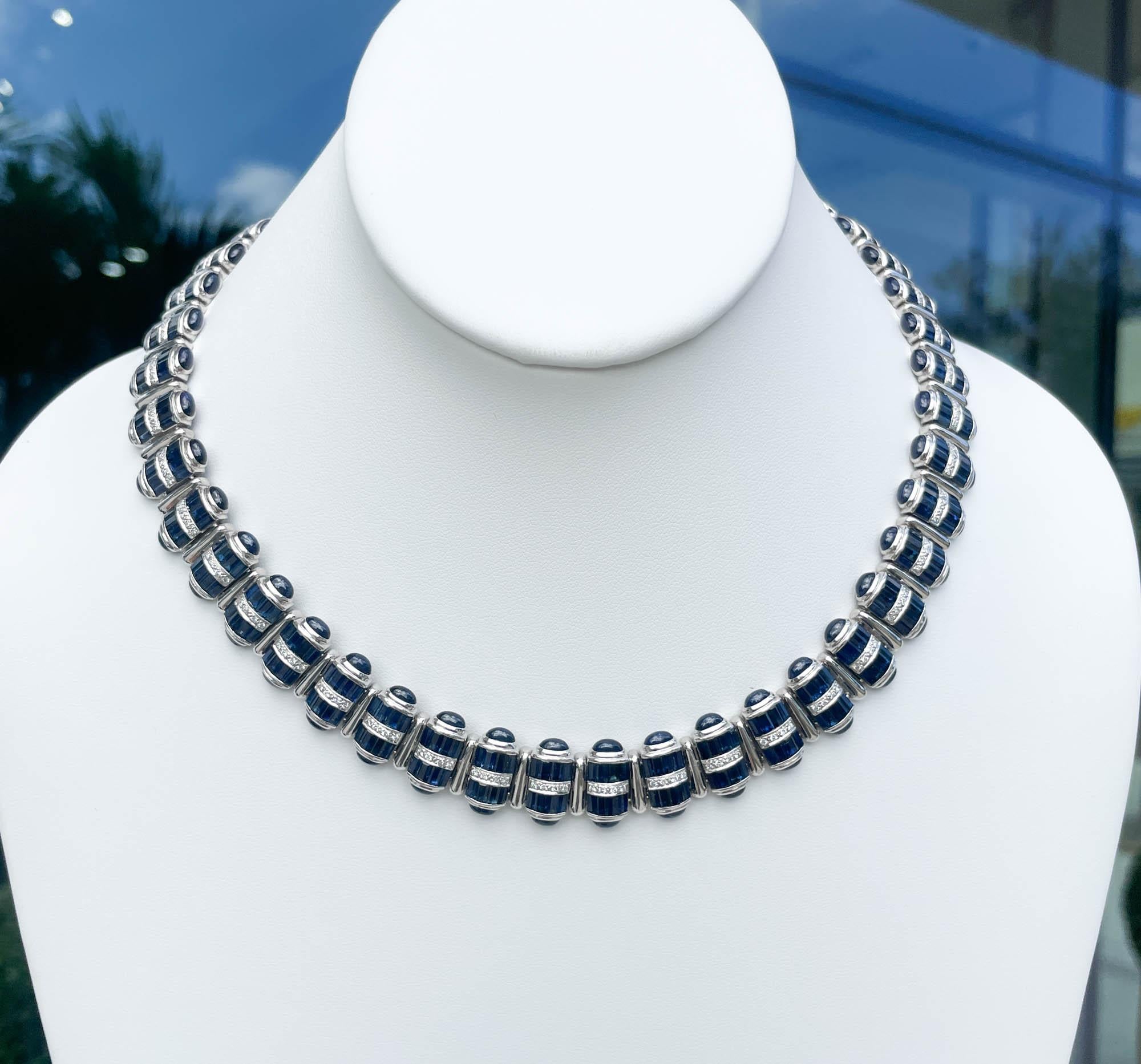 Jay Feder 18k White Gold Cabochon Sapphire Diamond Necklace In Good Condition In Boca Raton, FL