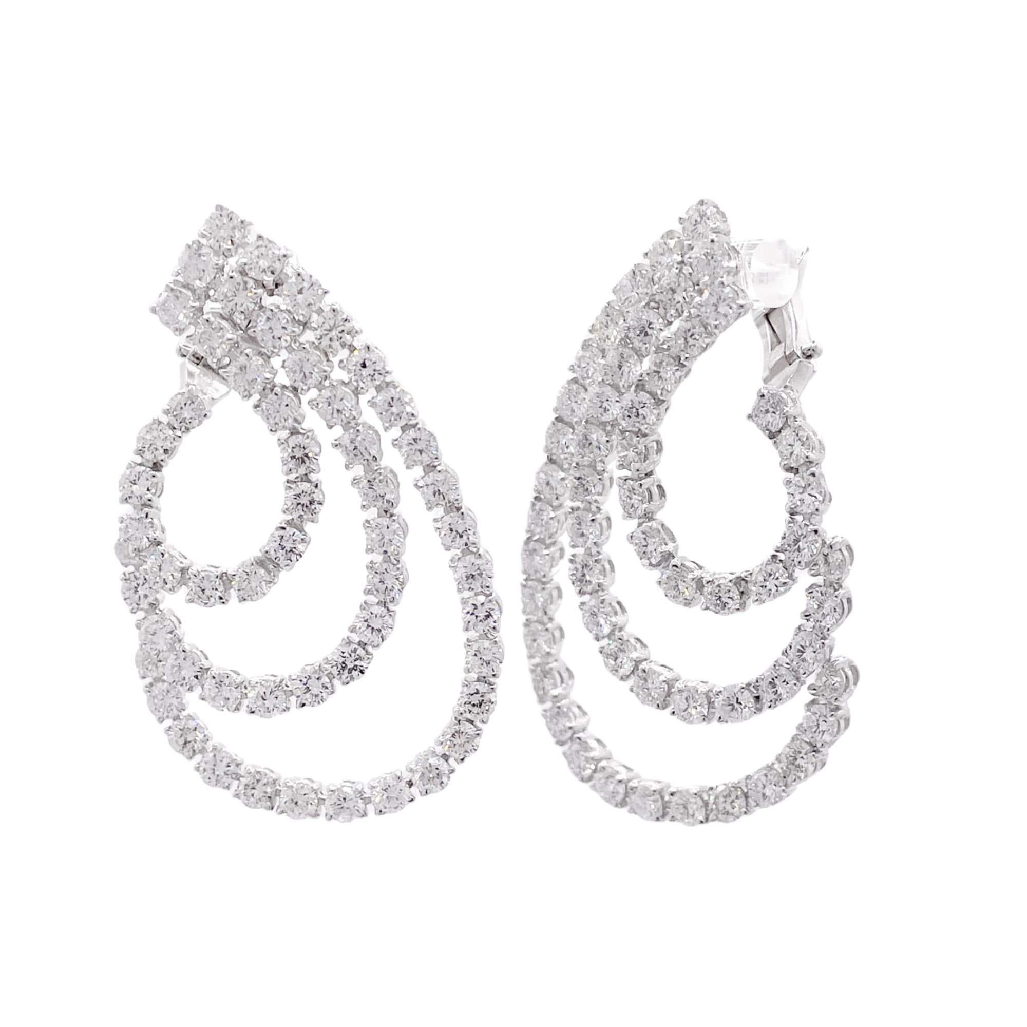 Round Cut Jay Feder 18k White Gold Diamond 3 Row Swirl Drop Earrings For Sale