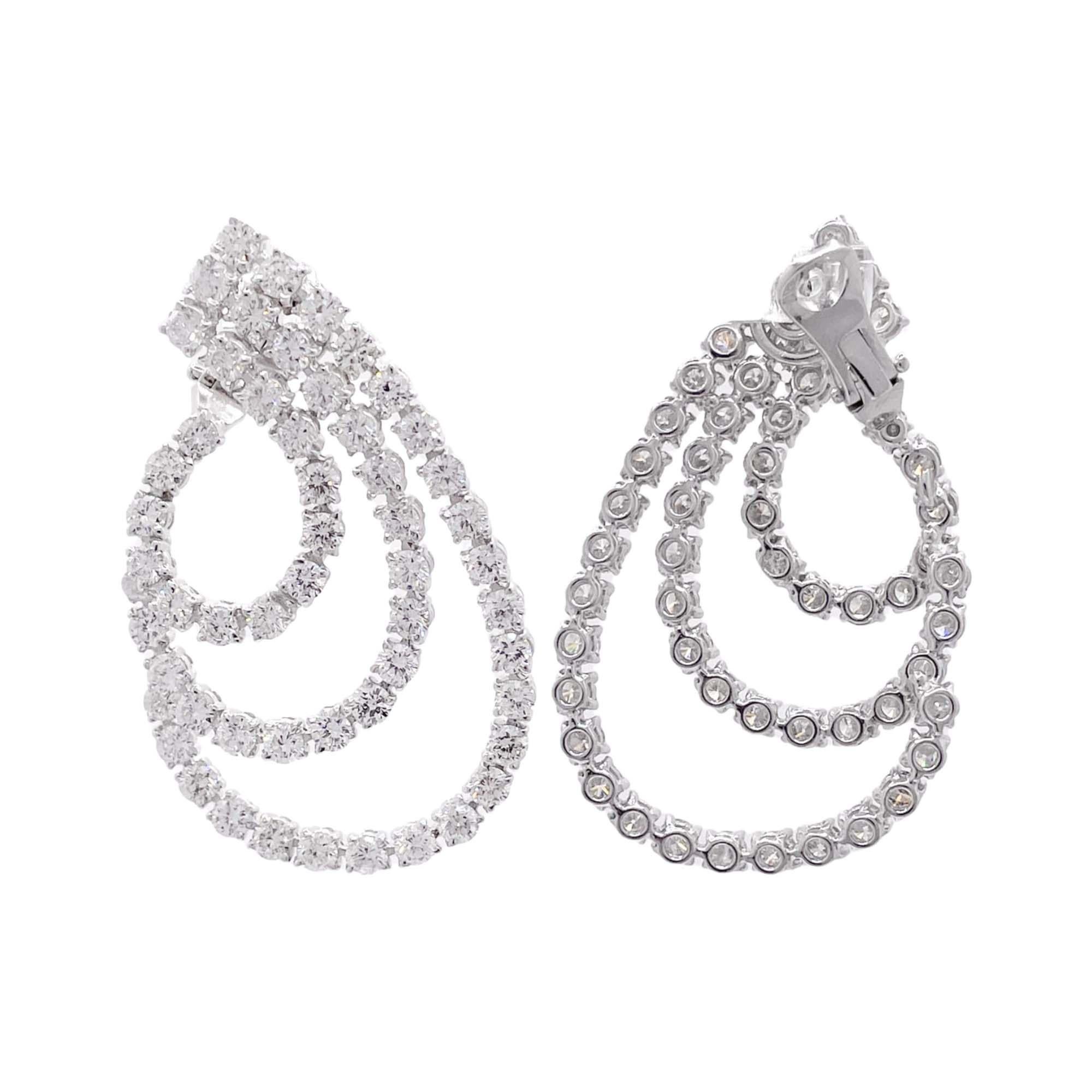 Jay Feder 18k White Gold Diamond 3 Row Swirl Drop Earrings In Good Condition For Sale In Boca Raton, FL