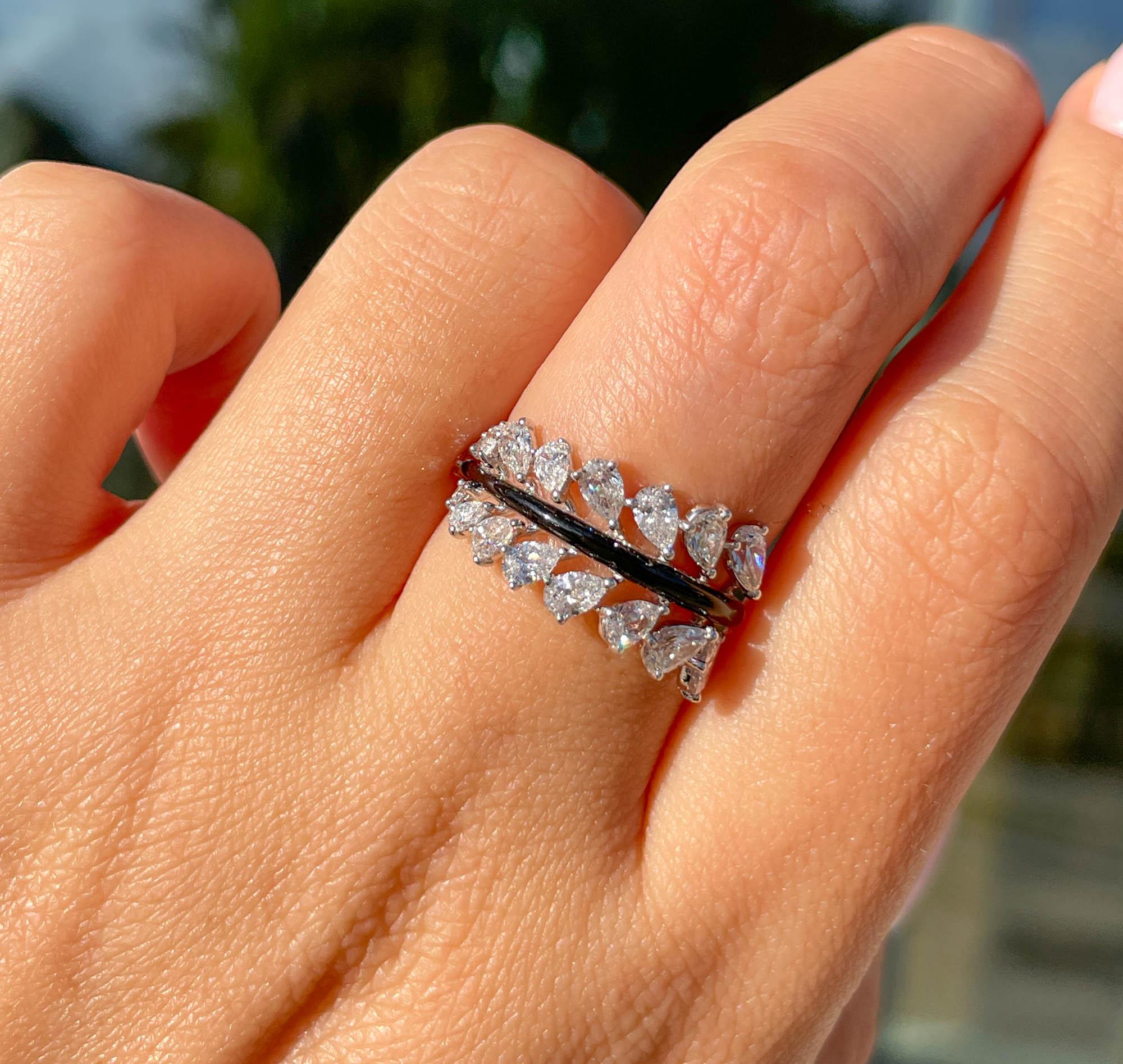 Bague en or blanc 18k avec diamant et feuille d'émail noir Feder 3