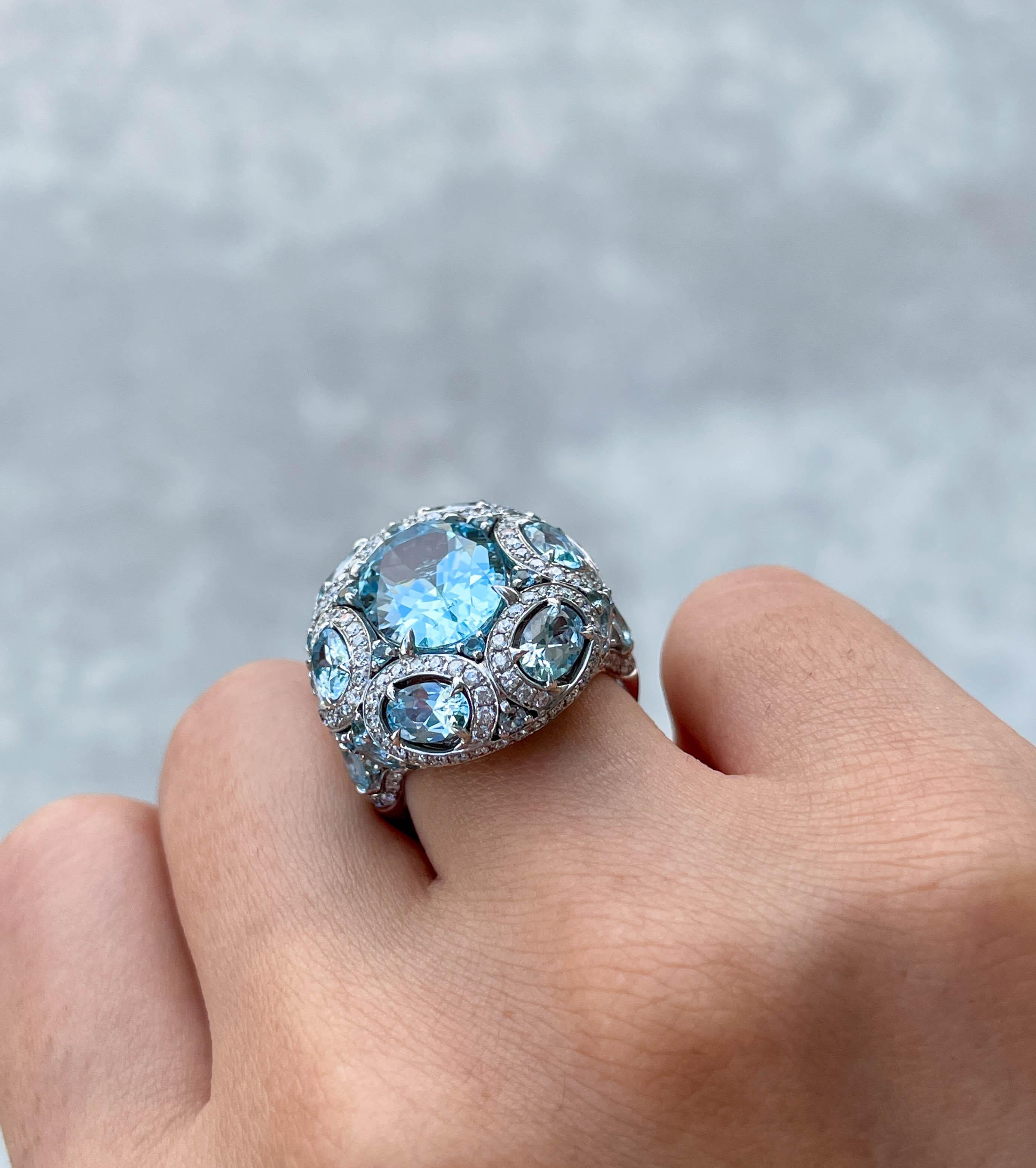 Oval Cut Jay Feder 18k White Gold Diamond Blue Topaz Ring For Sale