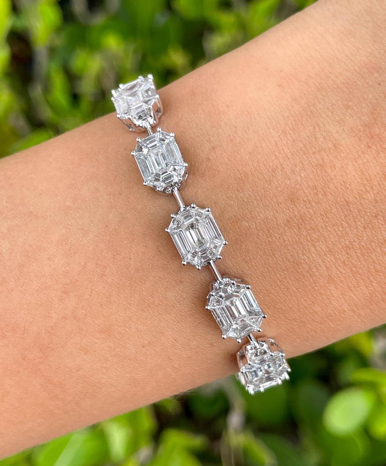 Jay Feder 18k White Gold Diamond Emerald PieCut Cluster Tennis