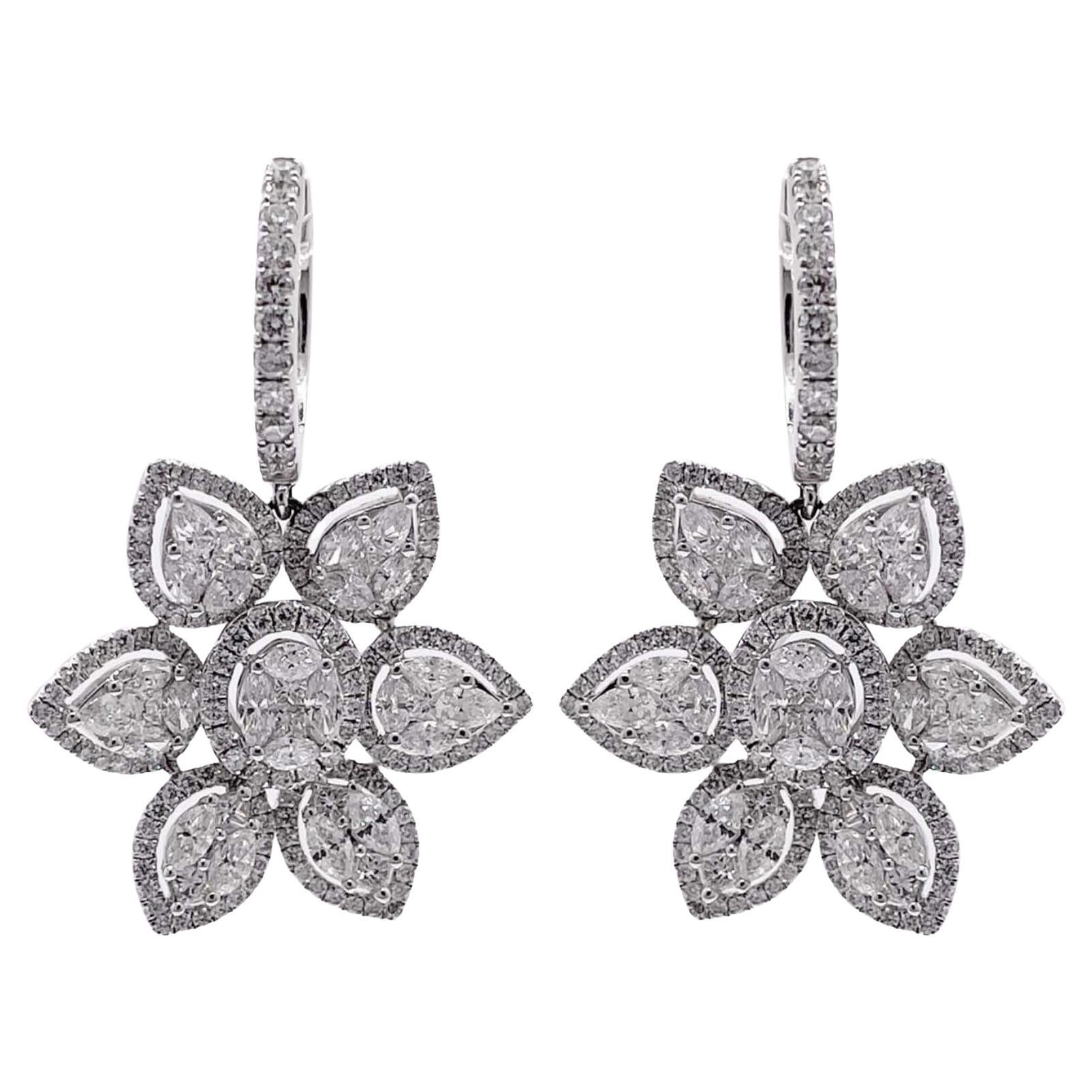 Jay Feder 18k White Gold Diamond Flower Drop Dangle Earrings