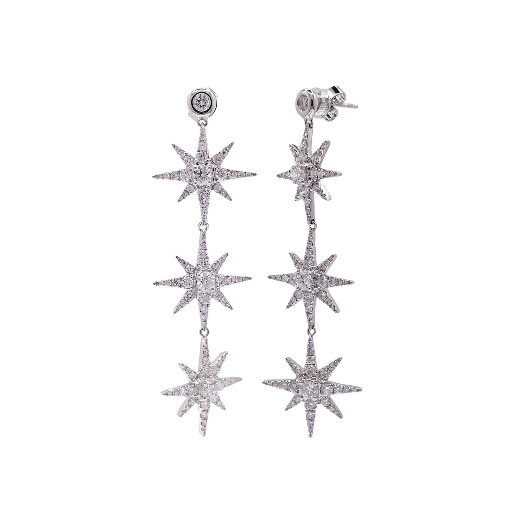 Round Cut Jay Feder 18k White Gold Diamond Star Drop Dangle Earrings