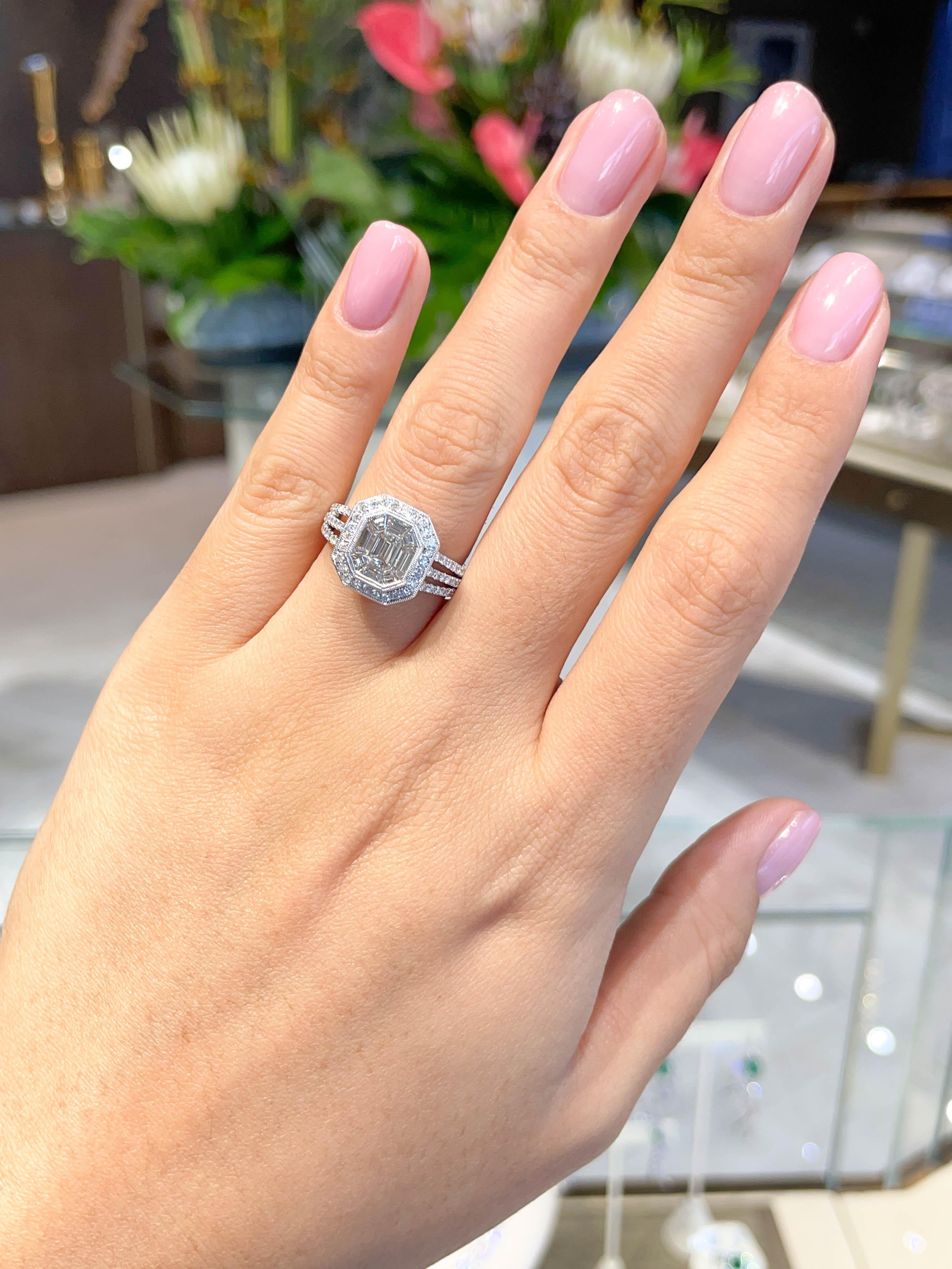Women's or Men's Jay Feder 18k White Gold Emerald Diamond Invisible Set Engagement Wedding Ring For Sale