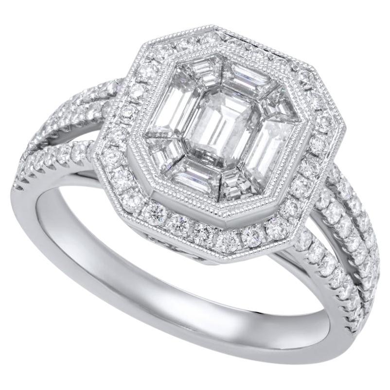 Jay Feder 18k White Gold Emerald Diamond Invisible Set Engagement Wedding Ring