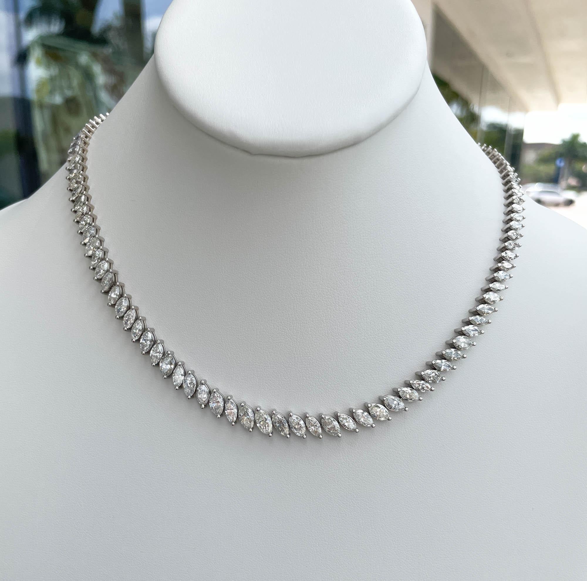 Jay Feder 18k White Gold Marquise Diamond Tennis Necklace

There are 117 marquise shaped diamonds; estimated total weight is 25.59 carats.

The necklace is 17.5 inches long and 7.38mm wide.

The total weight of the necklace is 38.2 grams.

Please