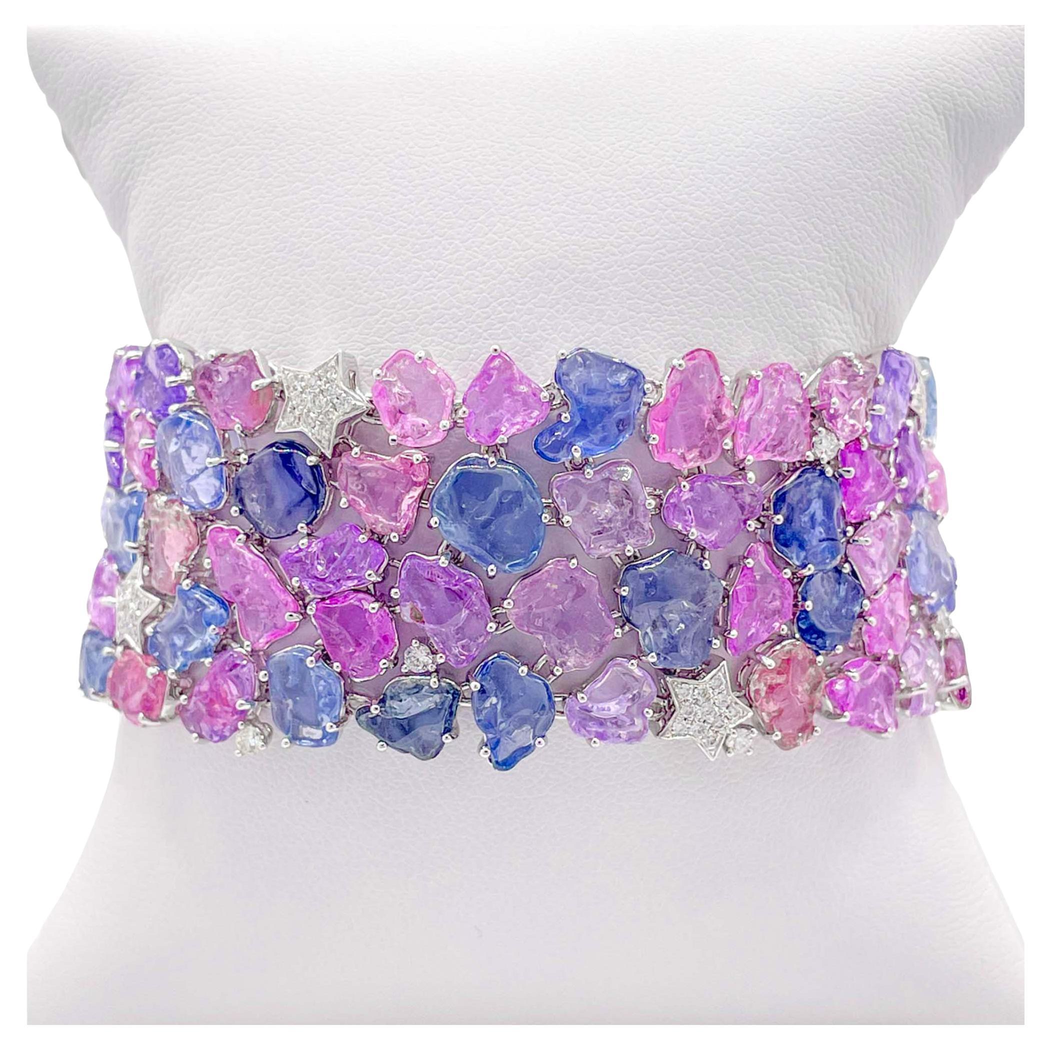 Jay Feder 18k White Gold Multicolor Sapphire and Diamond Wide Bracelet