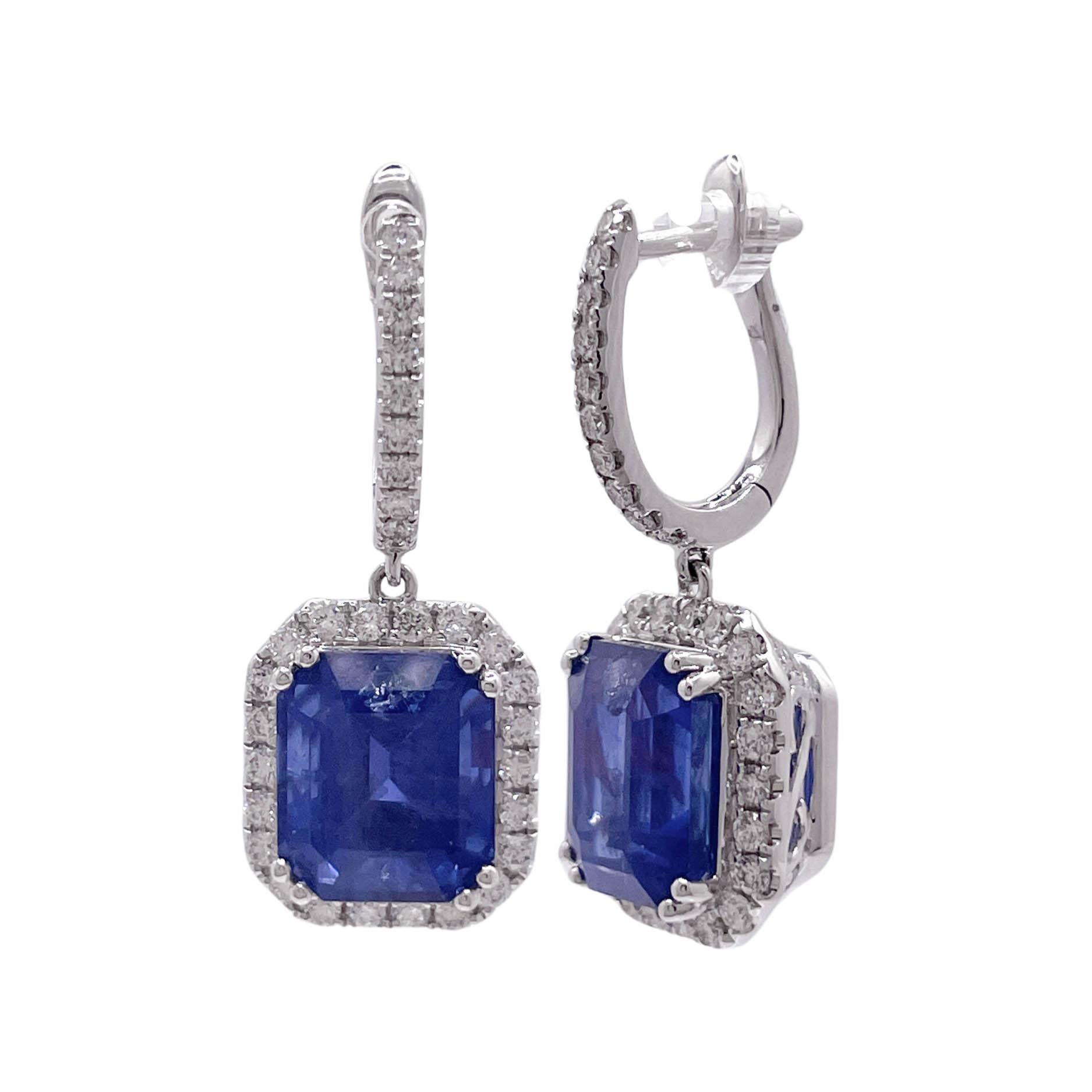 Emerald Cut Jay Feder 18k White Gold Sapphire and Diamond Drop Dangle Earrings For Sale