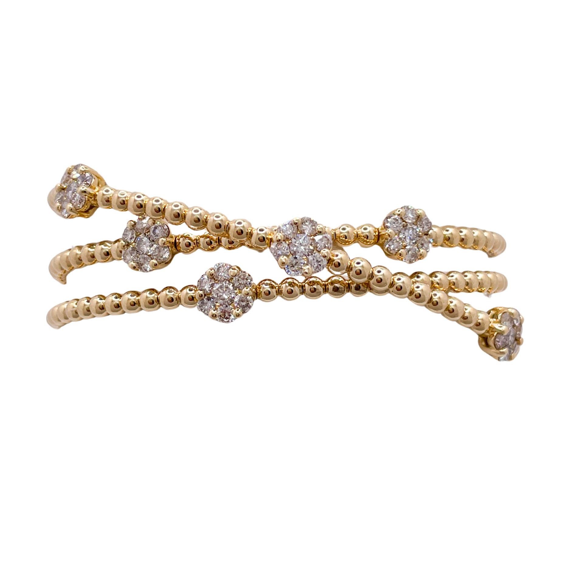 Round Cut Jay Feder 18k Yellow Gold Diamond Flower Cluster 3 Row Cuff Bangle Bracelet