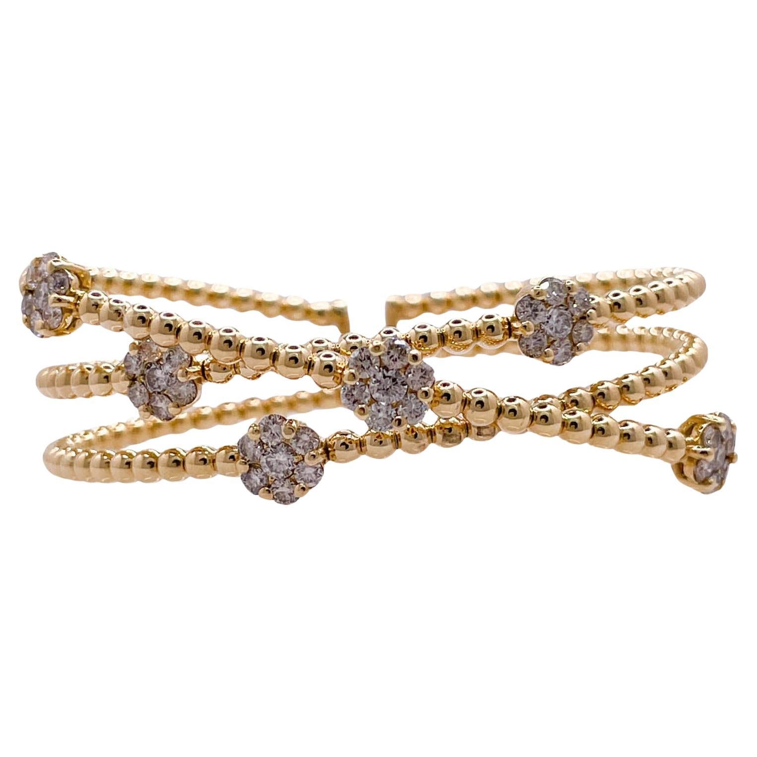 Jay Feder 18k Yellow Gold Diamond Flower Cluster 3 Row Cuff Bangle Bracelet