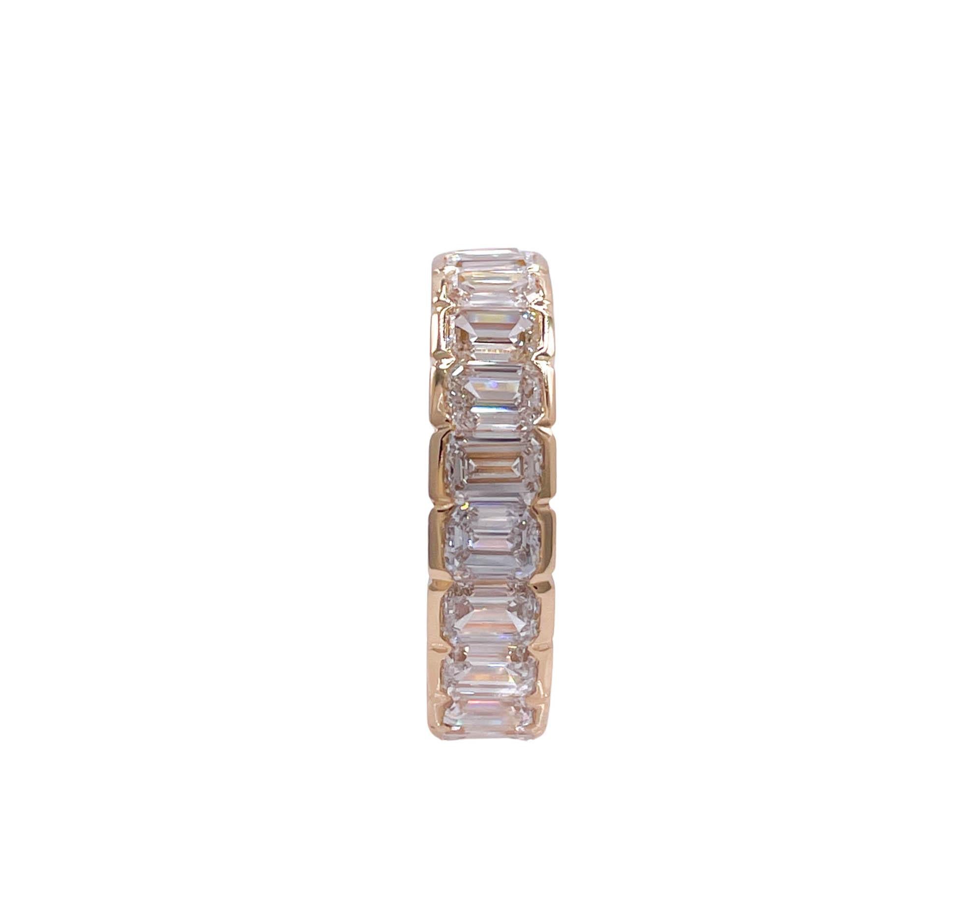 Jay Feder 18k Yellow Gold Emerald cut Diamond Eternity Wedding Band

There are 22 Emerald cut diamonds set in channel set eternity band; total carat weight is 6.86 carats; VS clarity overall.

Sits 3.09mm from the top off the finger. The band is