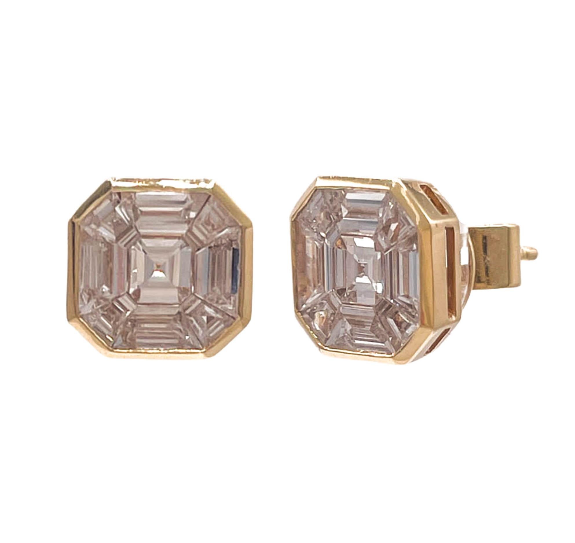 Jay Feder 18k Yellow Gold Invisible set Asscher Diamond Stud Earrings

There are 18 step cut diamonds; total carat weight is 1.34ctw. 

The earrings measurements are 8.77x8.59mm. Total weight is 2.9 grams. 

Please view our photos and videos for