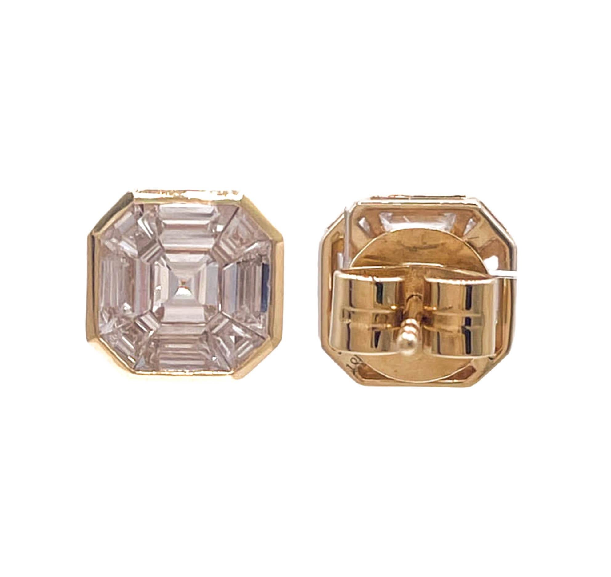 Jay Feder 18k Yellow Gold Invisible set Asscher Diamond Stud Earrings In Good Condition In Boca Raton, FL
