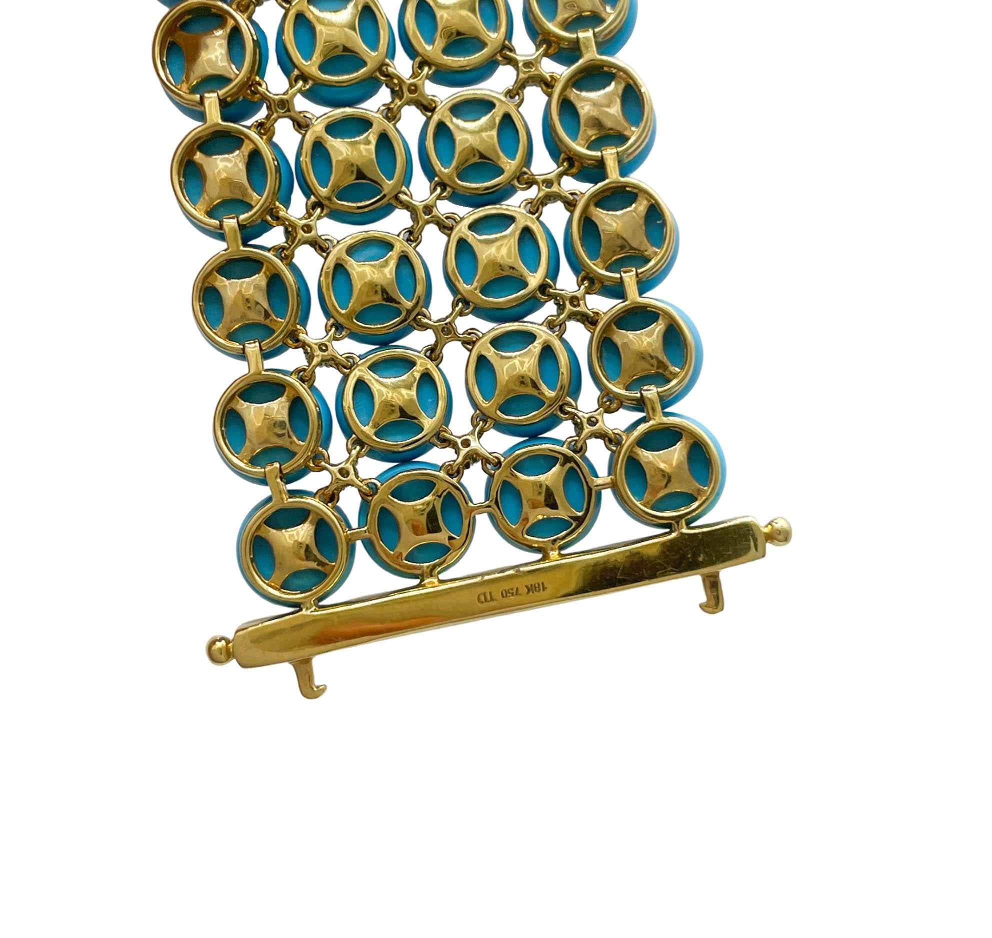 Jay Feder 18k Yellow Gold Turquoise and Diamond Wide Beacelet For Sale 3
