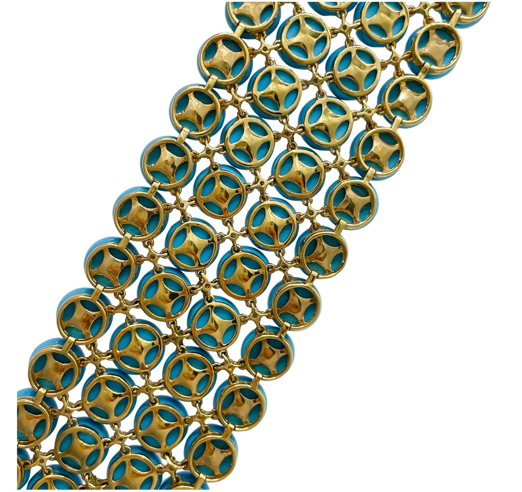 Jay Feder 18k Yellow Gold Turquoise and Diamond Wide Beacelet For Sale 4