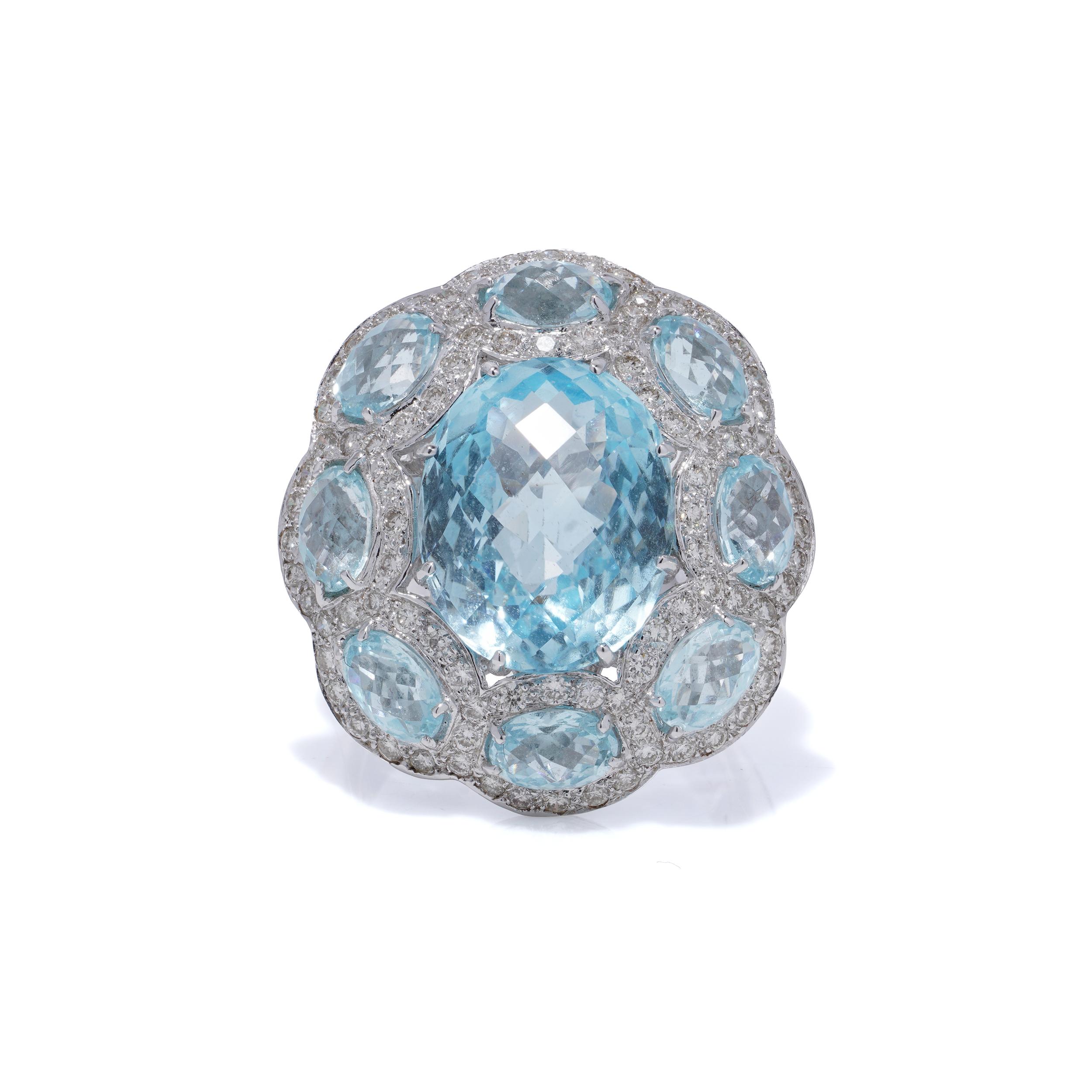 Taglio ovale Anello Jay Feder in oro bianco 18kt con topazio blu e diamanti in vendita