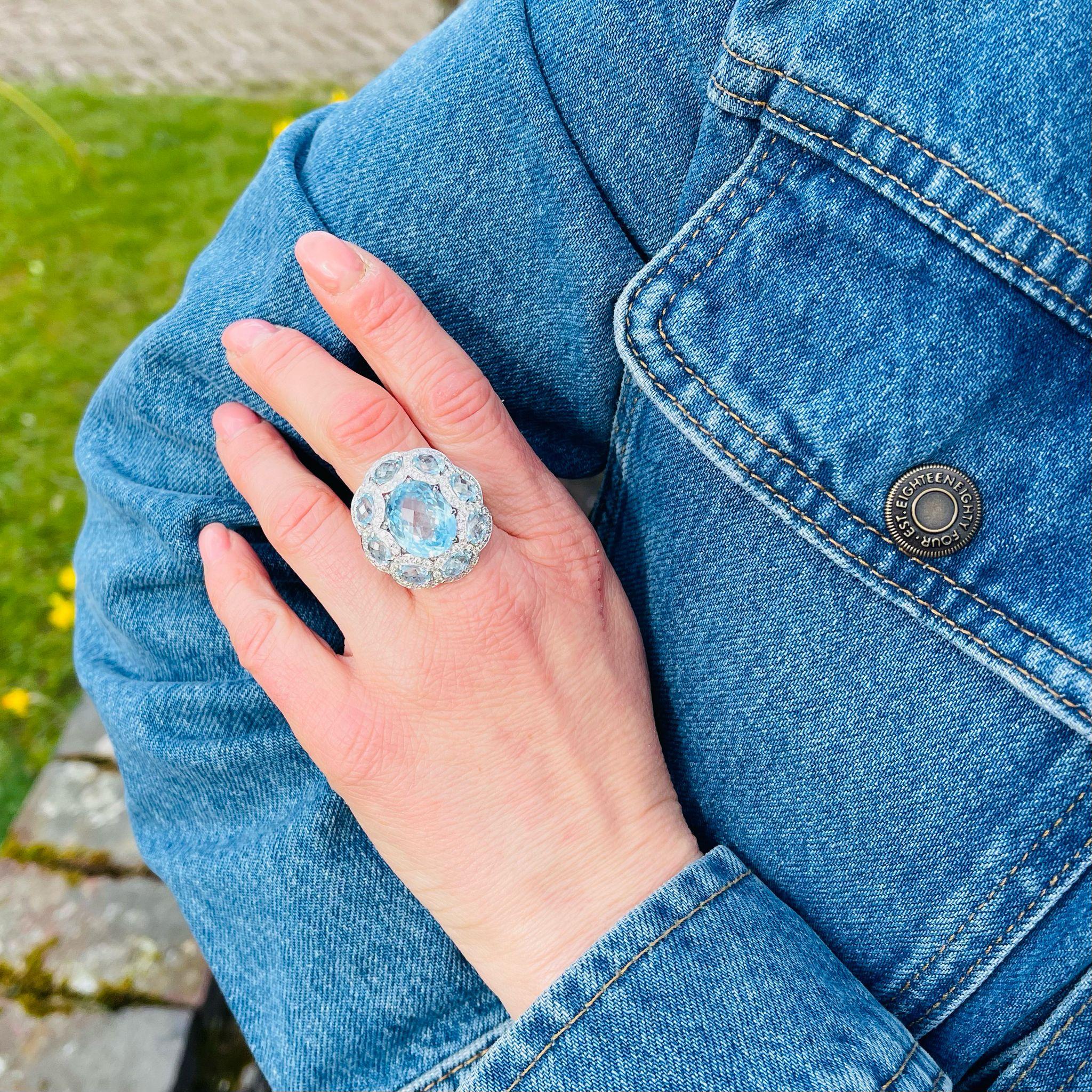 Un sorprendente anello di Jay Feder, realizzato in oro bianco da 18 carati, con al centro un impressionante topazio blu ovale da 8,80 carati. Intorno alla gemma centrale ci sono altre otto pietre di topazio blu dal taglio ovale, per un peso totale