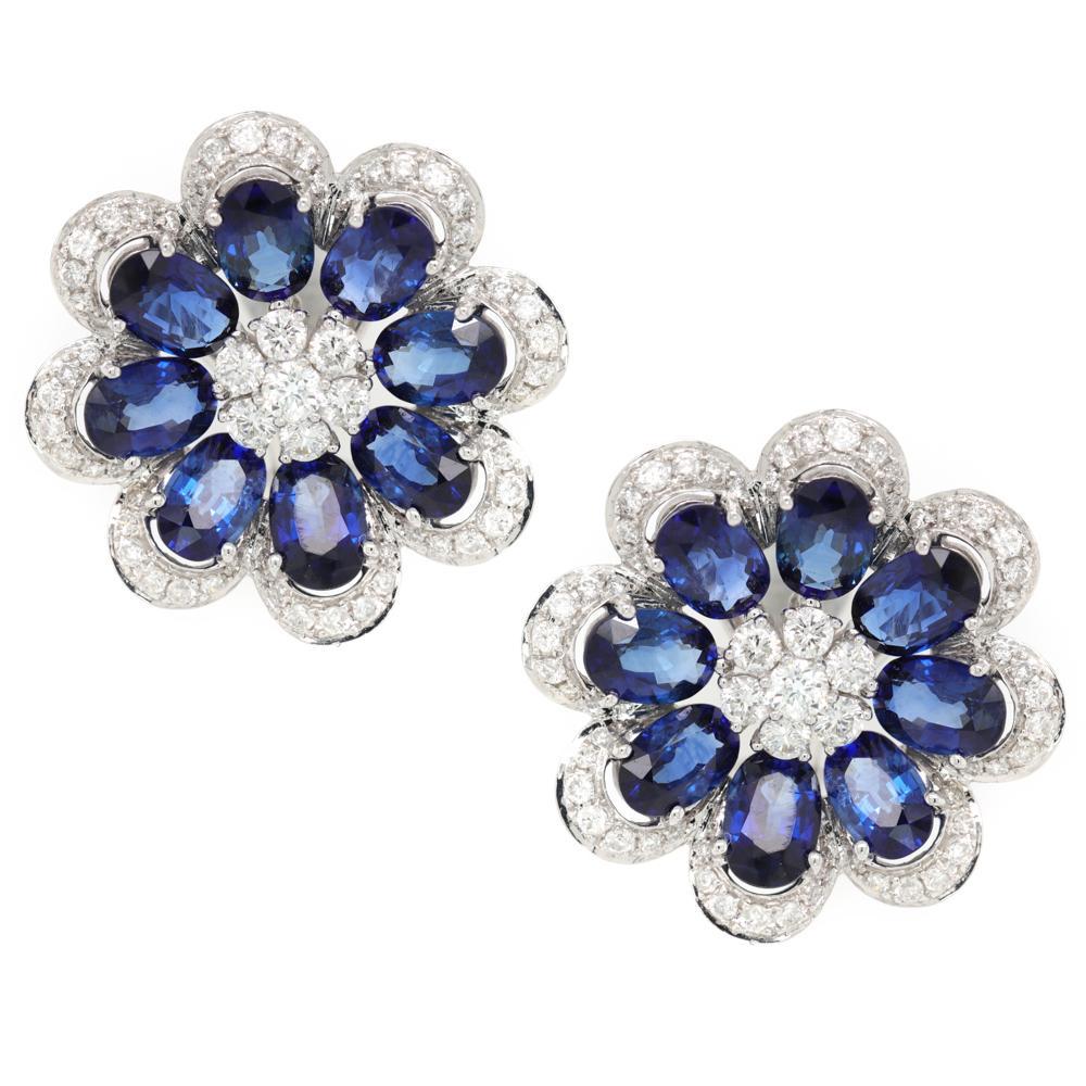 Mixed Cut Jay Feder Blue Sapphire and Diamond Flower Earrings in 18k White Gold For Sale