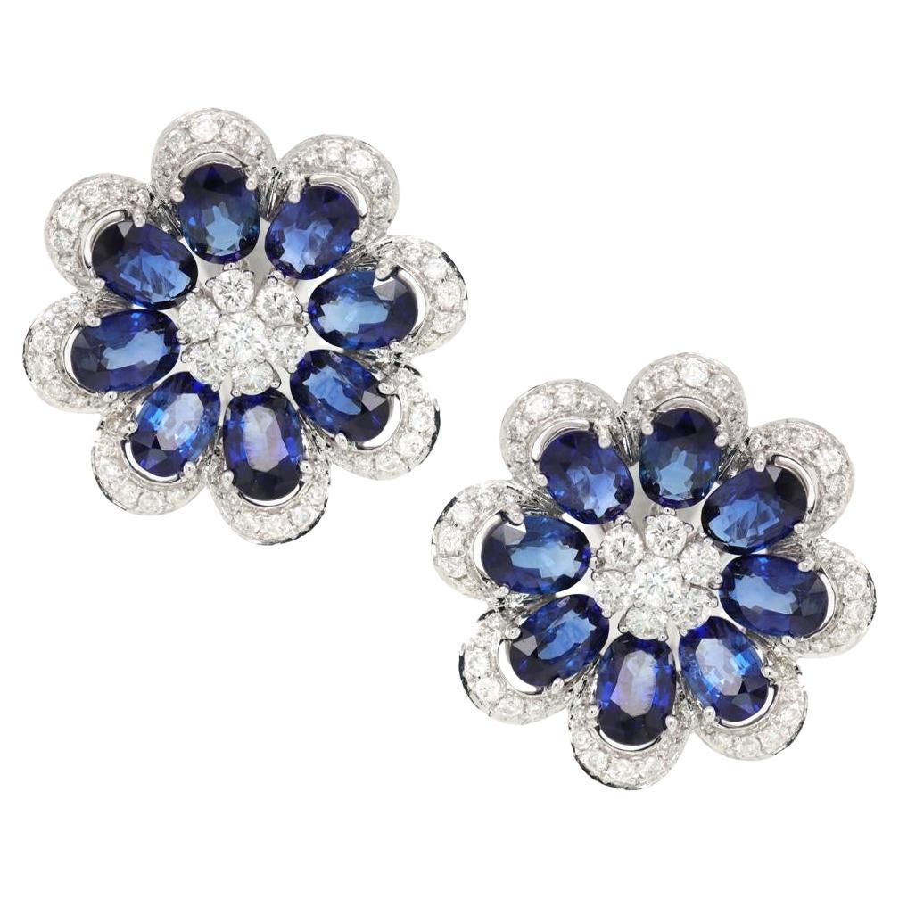 Jay Feder Blue Sapphire and Diamond Flower Earrings in 18k White Gold For Sale