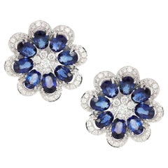 Jay Feder Blue Sapphire and Diamond Flower Earrings in 18k White Gold