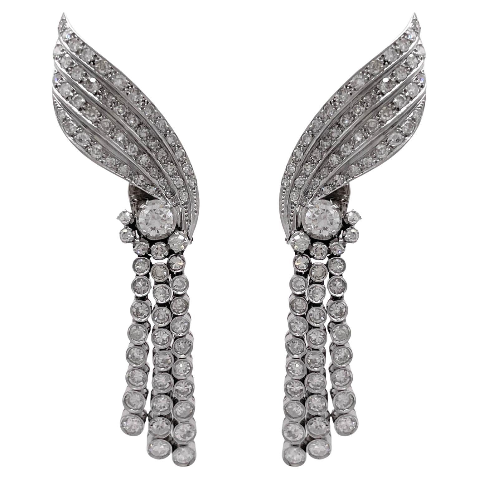 Jay Feder Platinum Old Mine Diamond Wing Drop Dangle Earrings For Sale